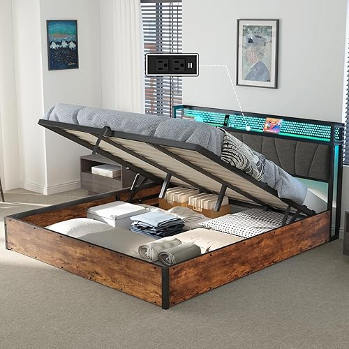 Miniatura 14 de AMERLIFE Marco de cama elevable tamaño King con tapizado de lino, luz LED y cabecera de almacenamiento, base de cama de plataforma con estación de