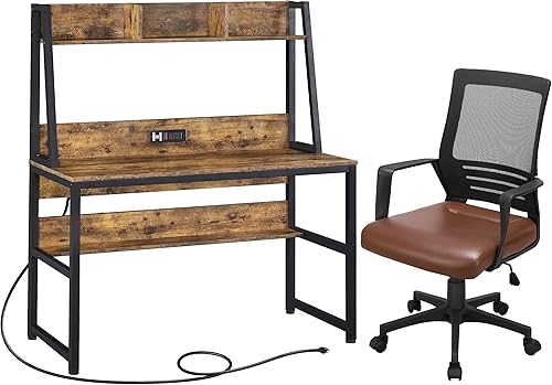 Yaheetech Juego de escritorio para computadora y silla de oficina, incluye mesa industrial de oficina en casa de 47 pulgadas con toma de corriente y