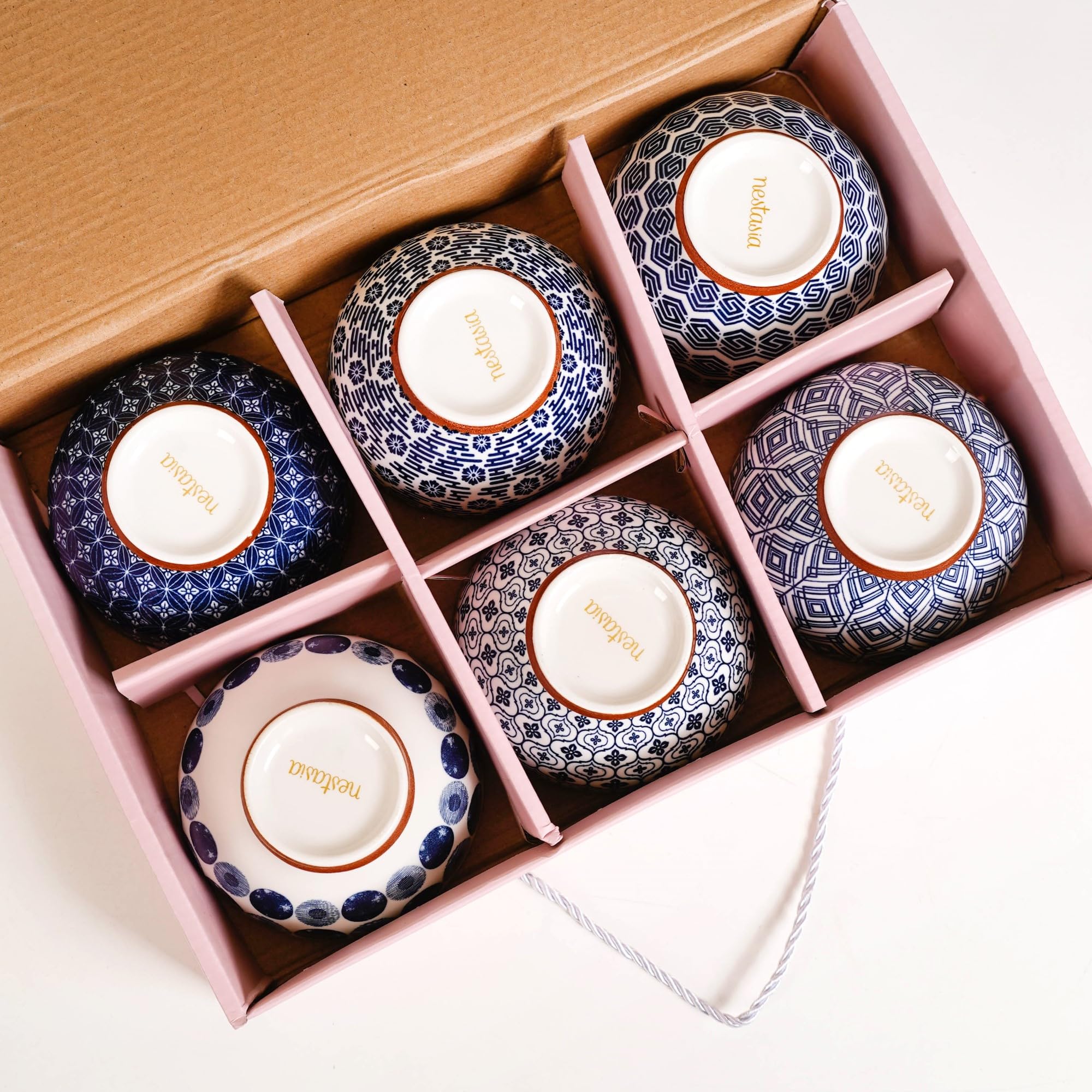 Nestasia Ceramic Snack Bowls Set of 6 (350 ml Each) | Geometric & Floral Pattern Bowls for Serving Noodles, Ramen, or Soups | Microwave & Dishwasher Safe - Perfect for Gifting (Blue & White) 1