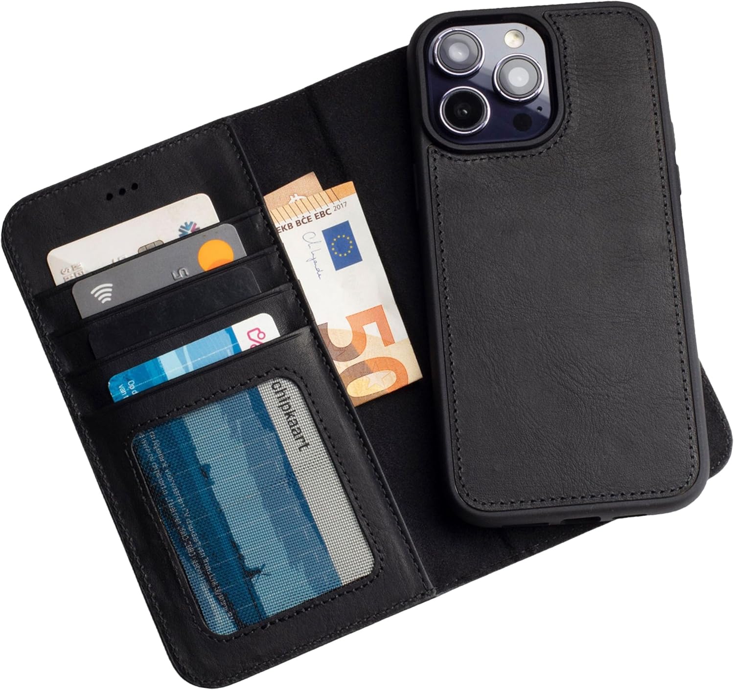 Handcrafted Wallet Case for iPhone 16 Pro MAX 6.9" | Detachable 2-in-1 Design | Crazy Horse Genuine Leather | 4 Card Slots | Compatible with Wireless Charge (Black)