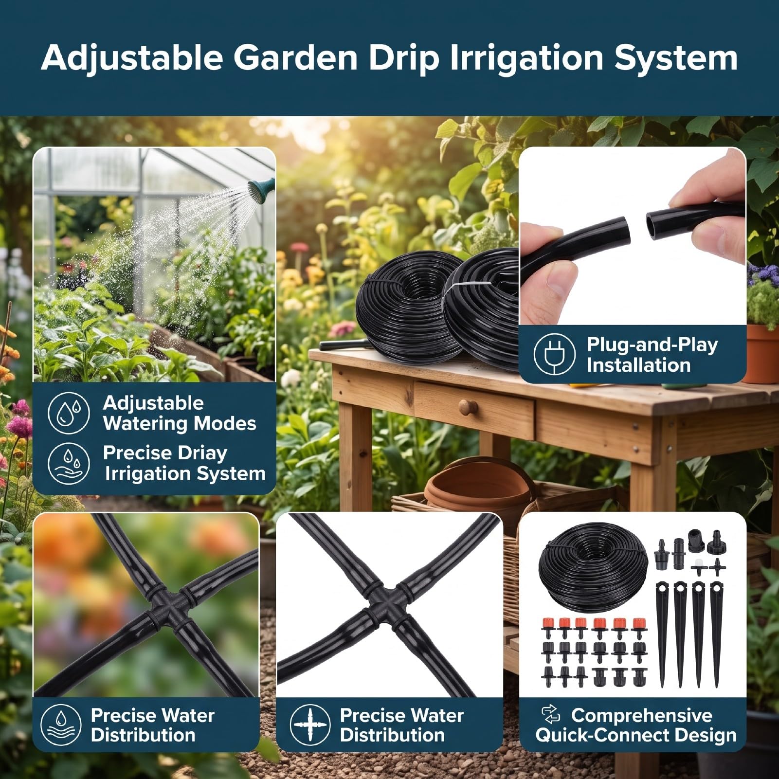 Luocute di Irrigazione a Goccia, con Gocciolatori Regolabili | Kit di irrigazione da giardino a connessione rapida, per serra, aiuola rialzata, pianta in vaso