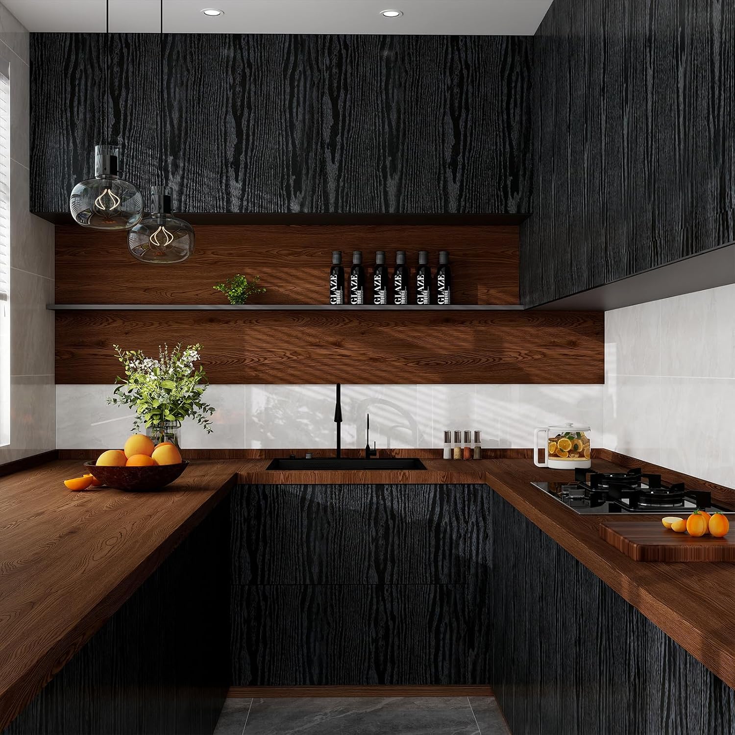 Black Wood Peel and Stick Textured Wallpaper Wood Grain Contact Paper Self-Adhesive Removable Waterproof Vinyl for Walls Countertops Cabinets Furniture Easy to Install 17.7"x394"