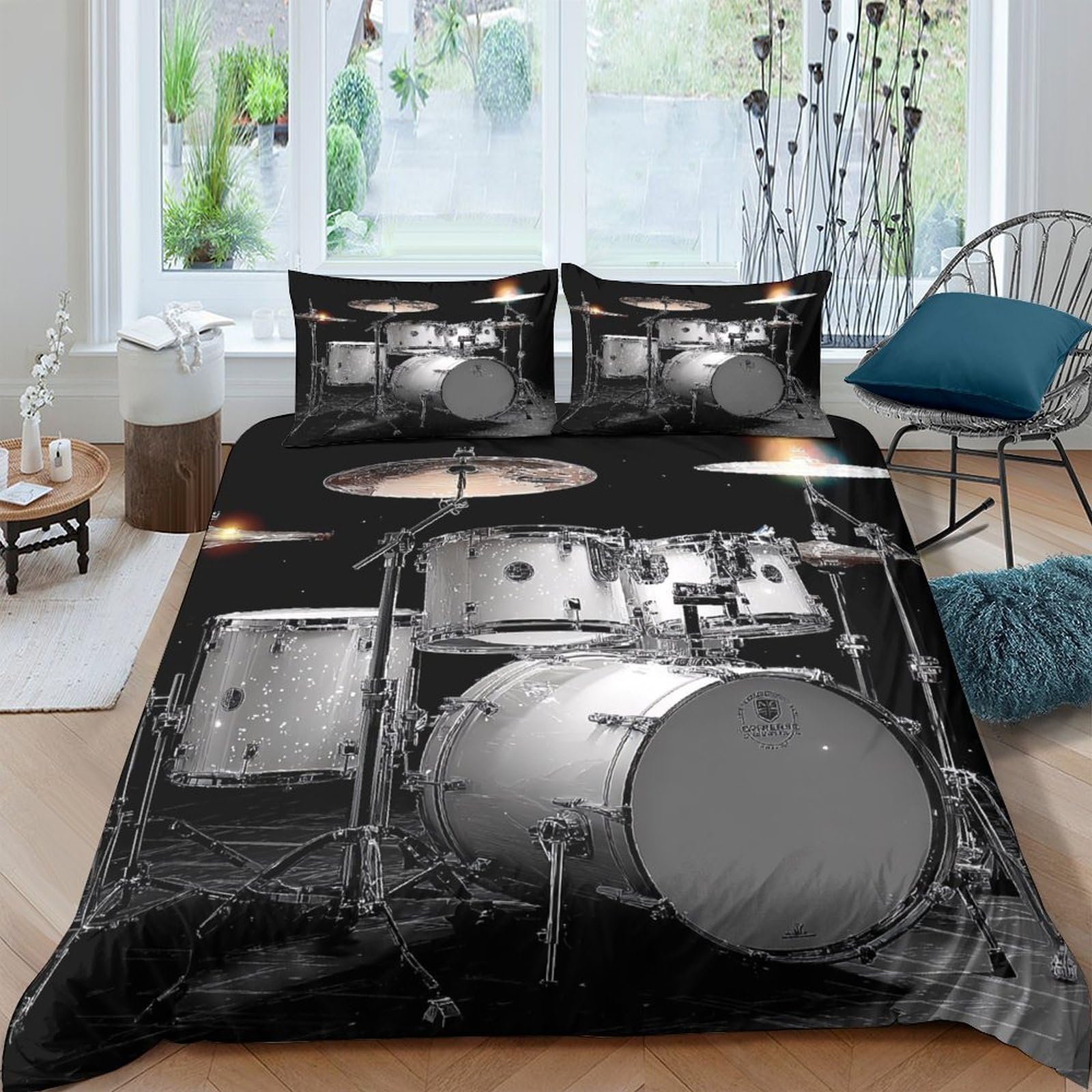 TUFRTGYHN 3D Printed Drum Set Duvet Cover Microfiber Soft Black White Music Bedding Set with 2 Pillowcases for Bedroom Decor Single（135x200cm）