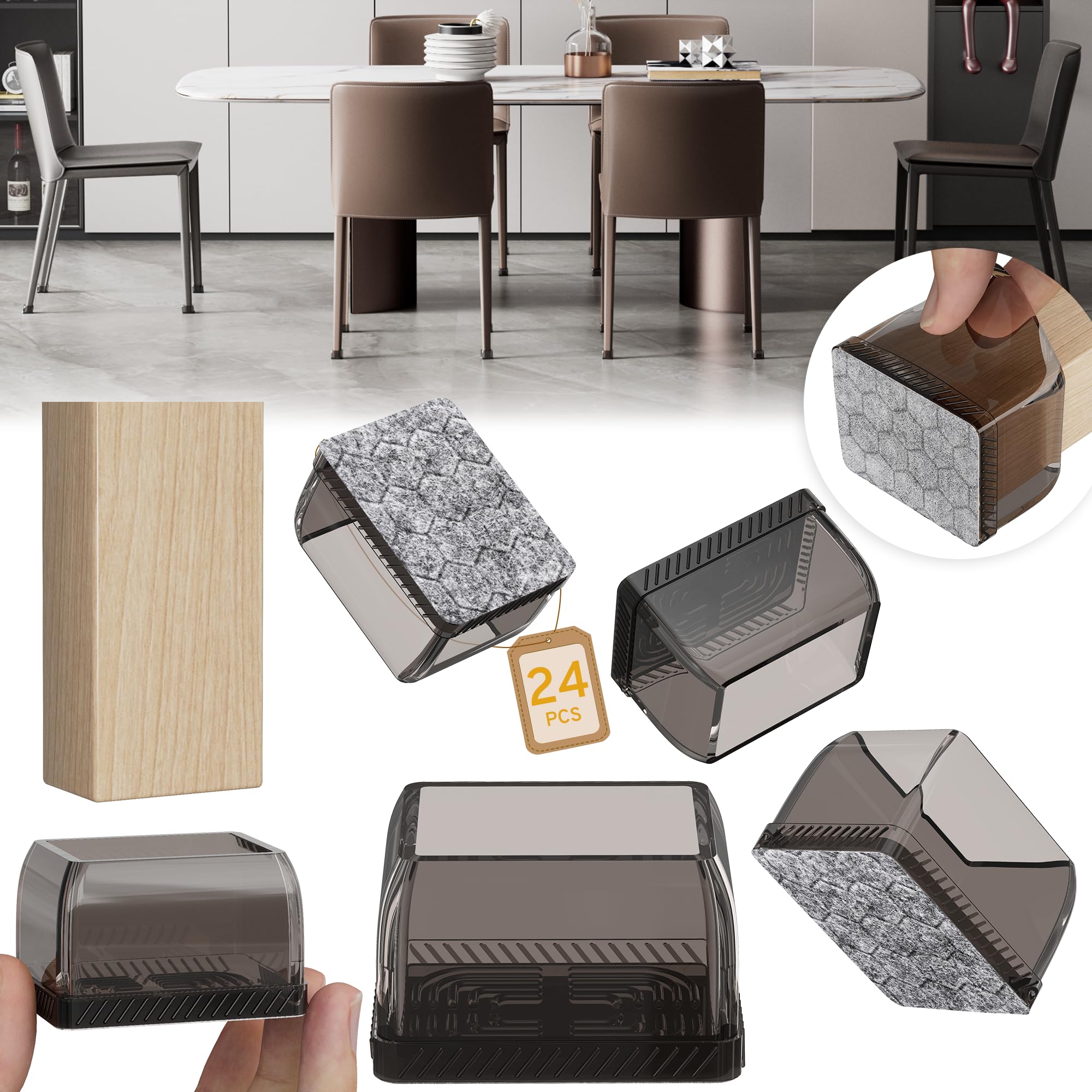 24pcs rectangular chair leg floor protectors, furniture sliders, non-slip felt furniture pads for hardwood floors, silicone cap covers to protect floors,(fit l :1.73-2.05", w: 1.34-1.65")