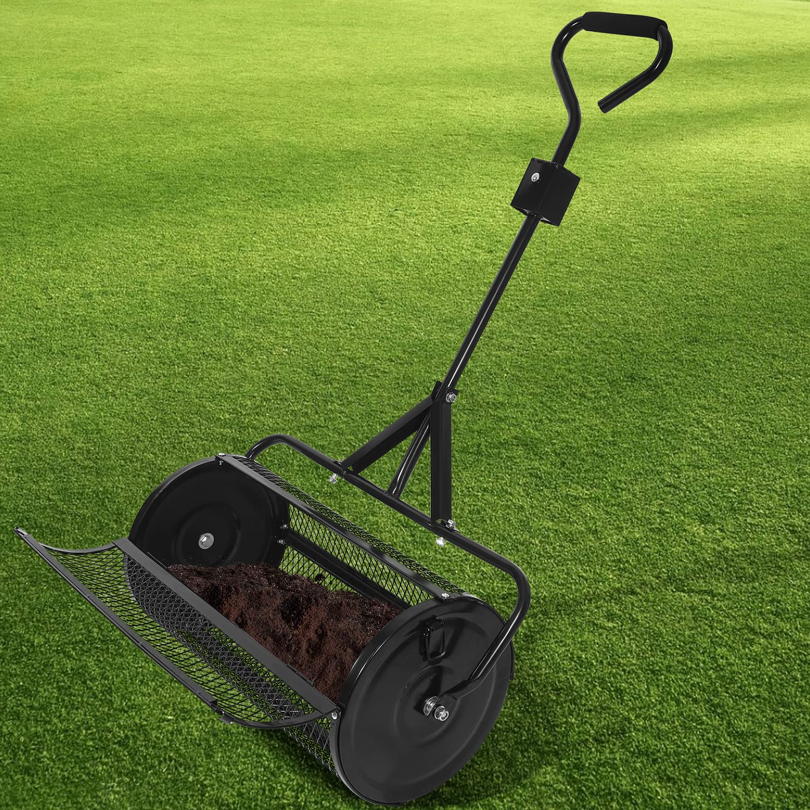 Garden 24" Compost Spreader Peat Moss Spreader with T Shaped Handle Steel Metal mesh Basket Spreader- Compost, peat Moss, Topsoil, Seeding, Multi-Purpose Manure Spreader Roller(Need Assembly)