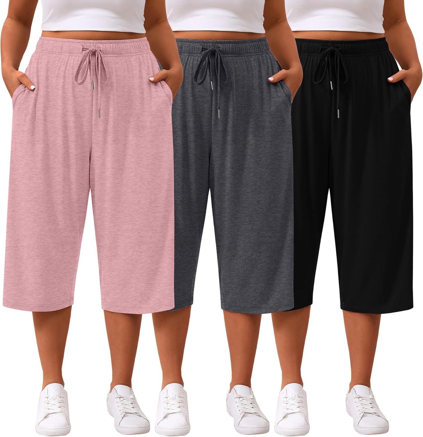 3 Pack Women’s Plus Size Capris Loose Fit Cotton Wide Leg Yoga Cropped Pants Lounge Workout Sweatpant with Pockets 3 Pack Women’s Plus Size Capris Loose Fit Cotton Wide Leg Yoga Cropped Pants Lounge Workout Sweatpant with Pockets