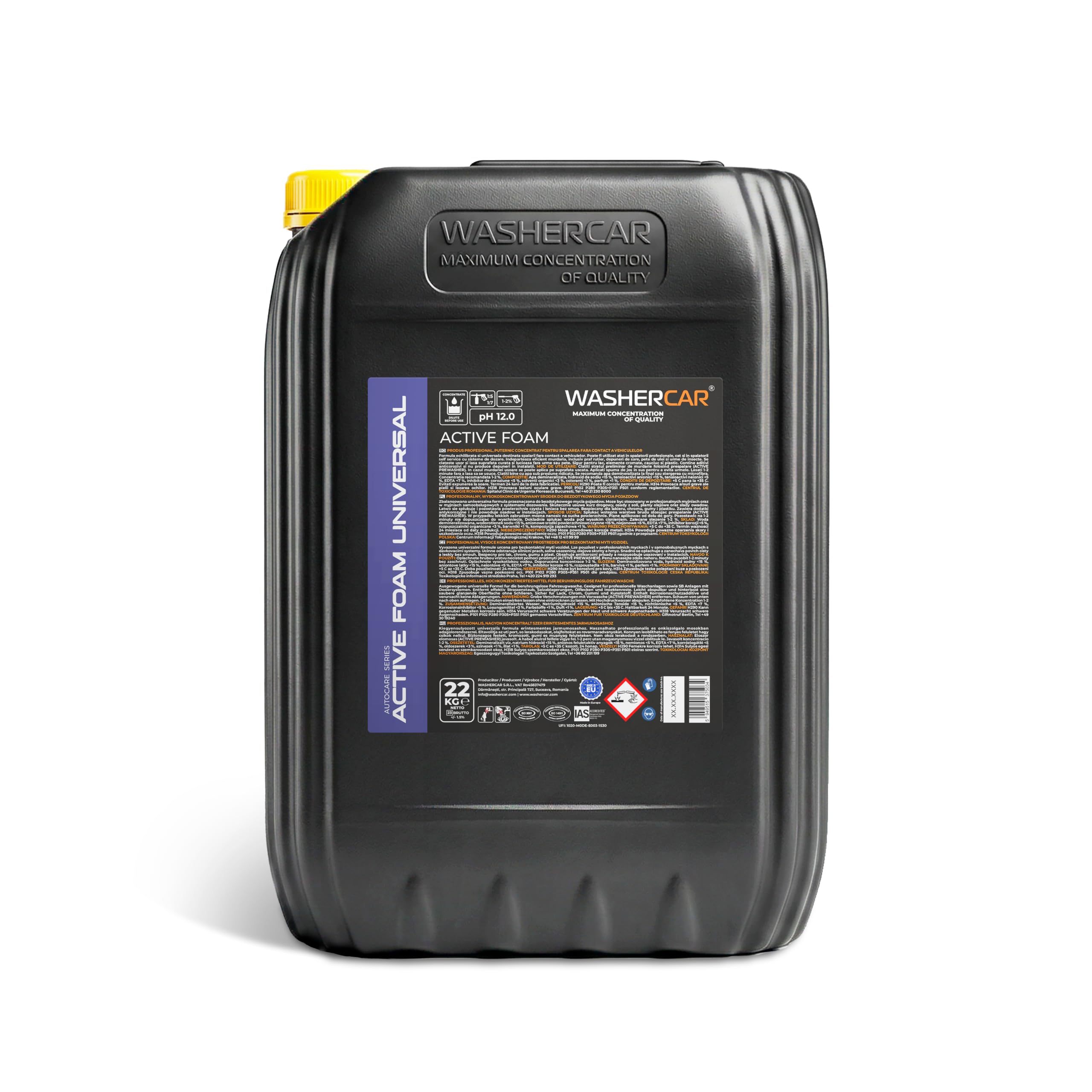 WasherCar Active Foam UNIVERSAL– pH 12,0 Powerschaum & Aktivschaum Konzentrat | Vorreiniger für Schaumlanze & Hochdruckreiniger | Snow Foam Schaumshampoo | Teer, Schmutz, Insekten & Salzreste (22 KG)