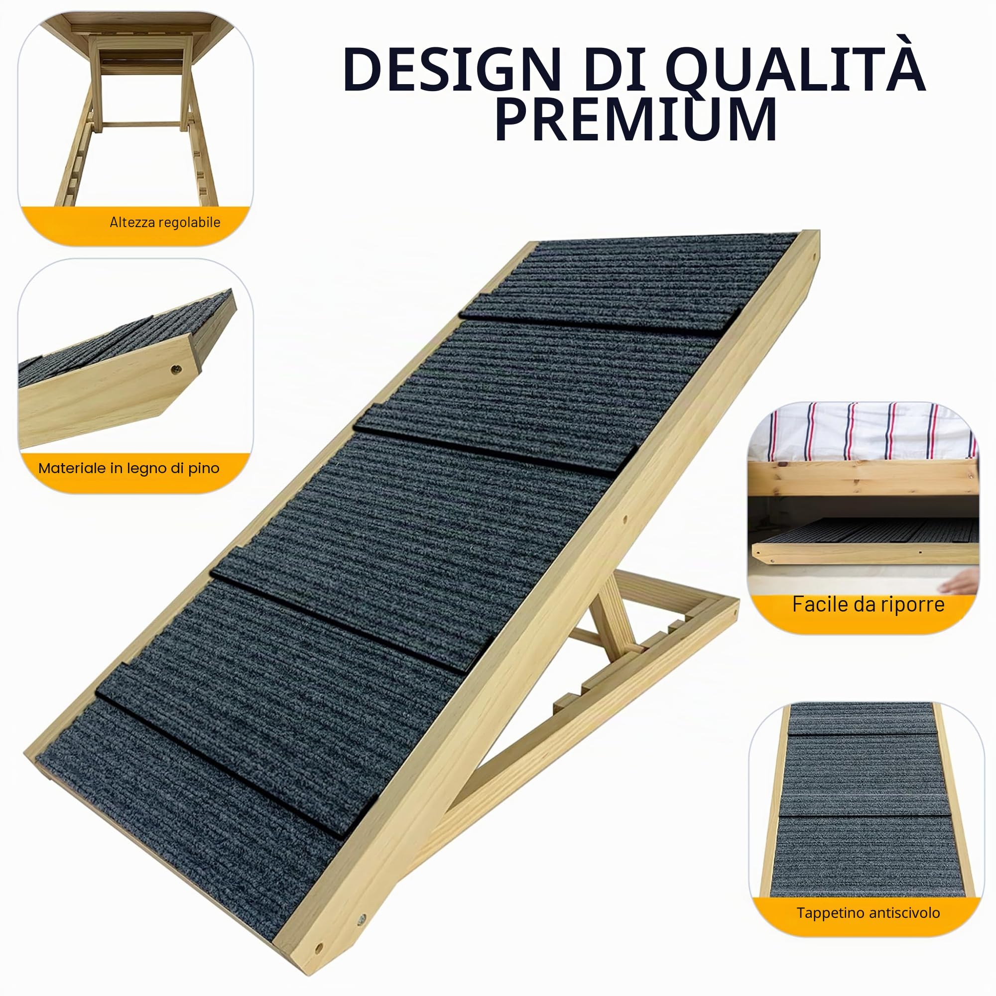 YRHome Rampa pieghevole per cani in legno, per letto, divano o auto, scala per animali domestici fino a 100 kg, rampa per gatti portatile, regolabile in altezza, con inserto antiscivolo