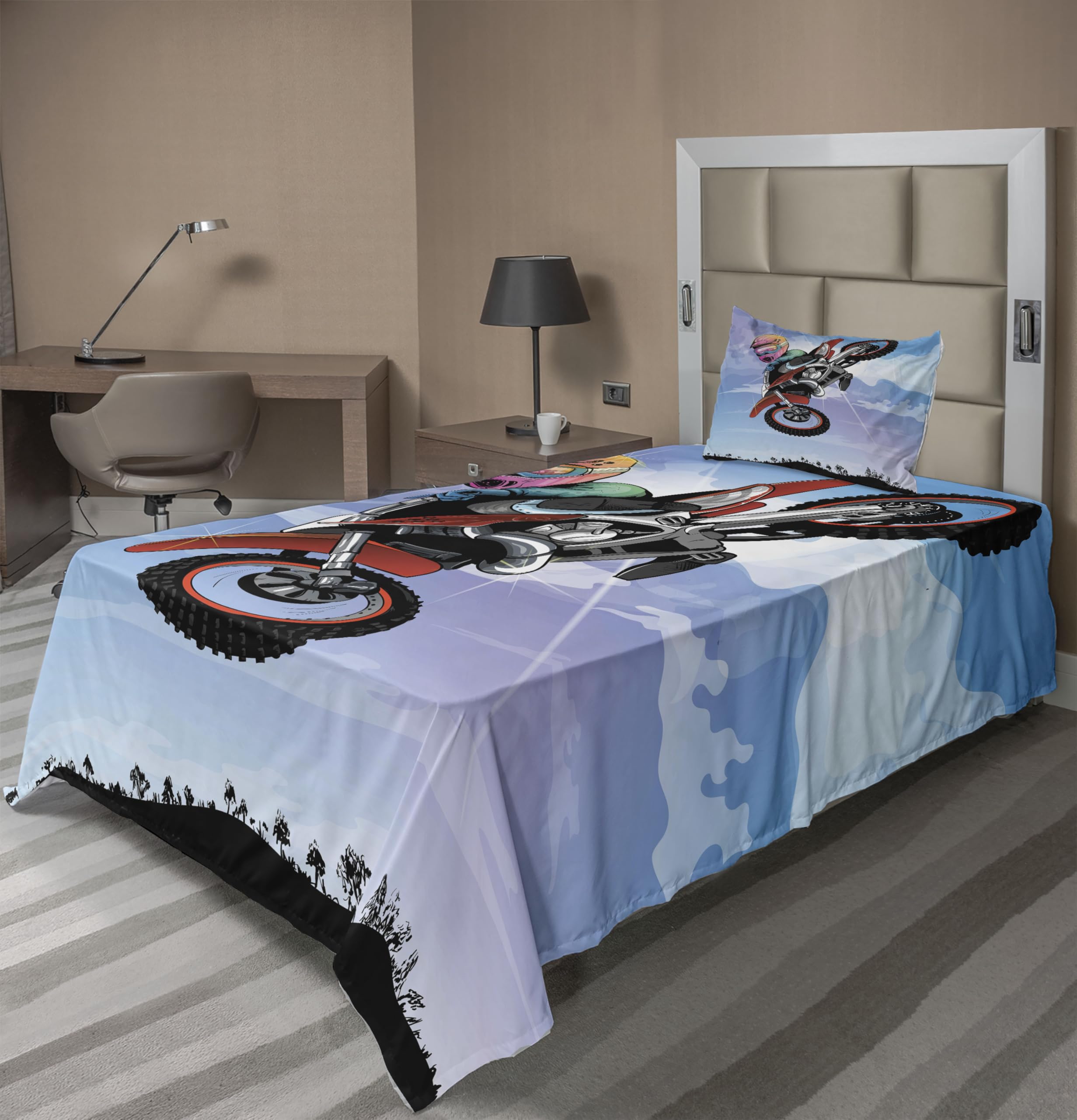 Lunarable Dirt Bike Sheet Set, Cartoon Motocross Rider Boy Making an Move in The Air Competitive Sports, Fitted and Flat Sheet with Pillowcase Bedding Accent 3 Piece Set, Twin, Blue Black