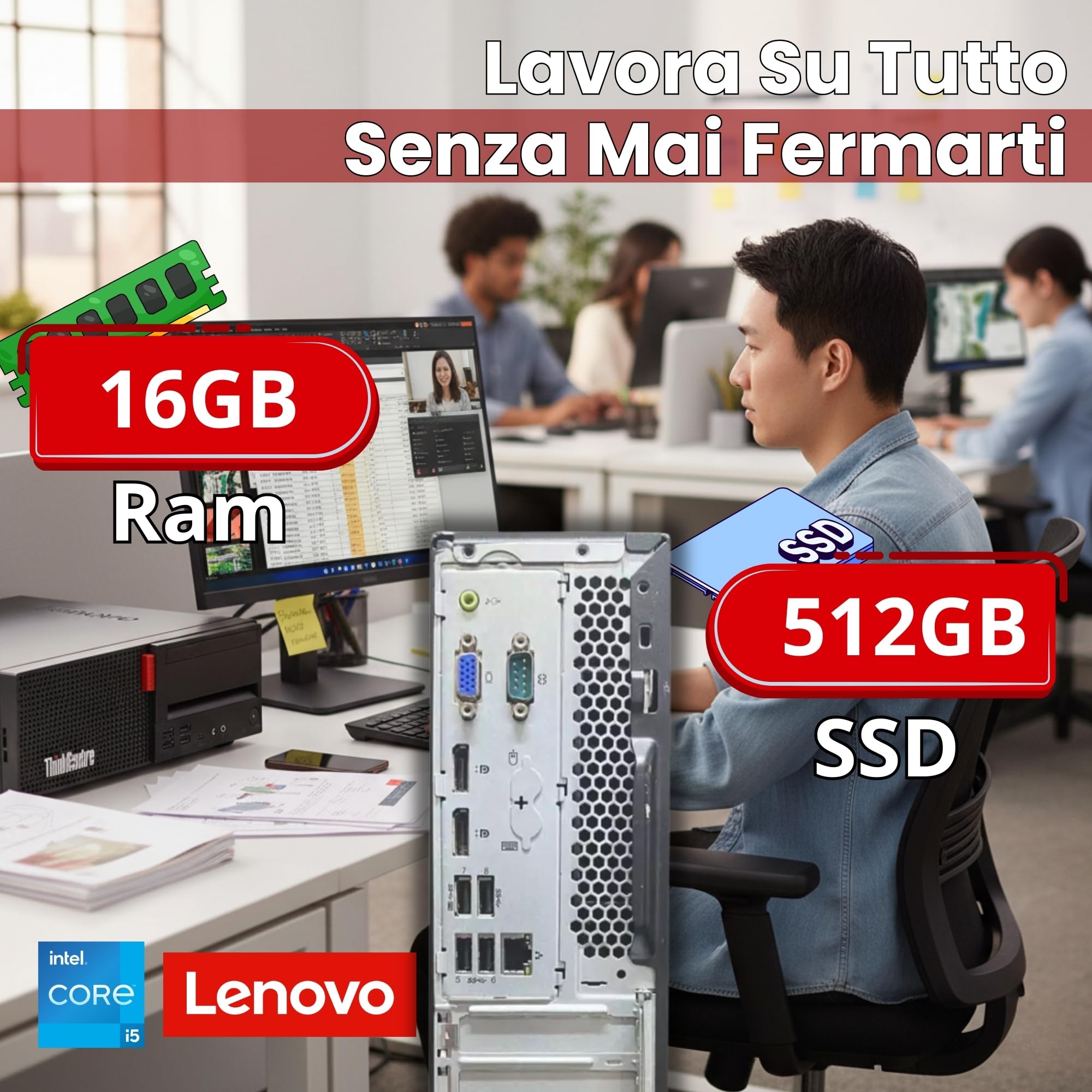 Lenovo Postazione ufficio completa Pc Desktop Intel Core i5-8400