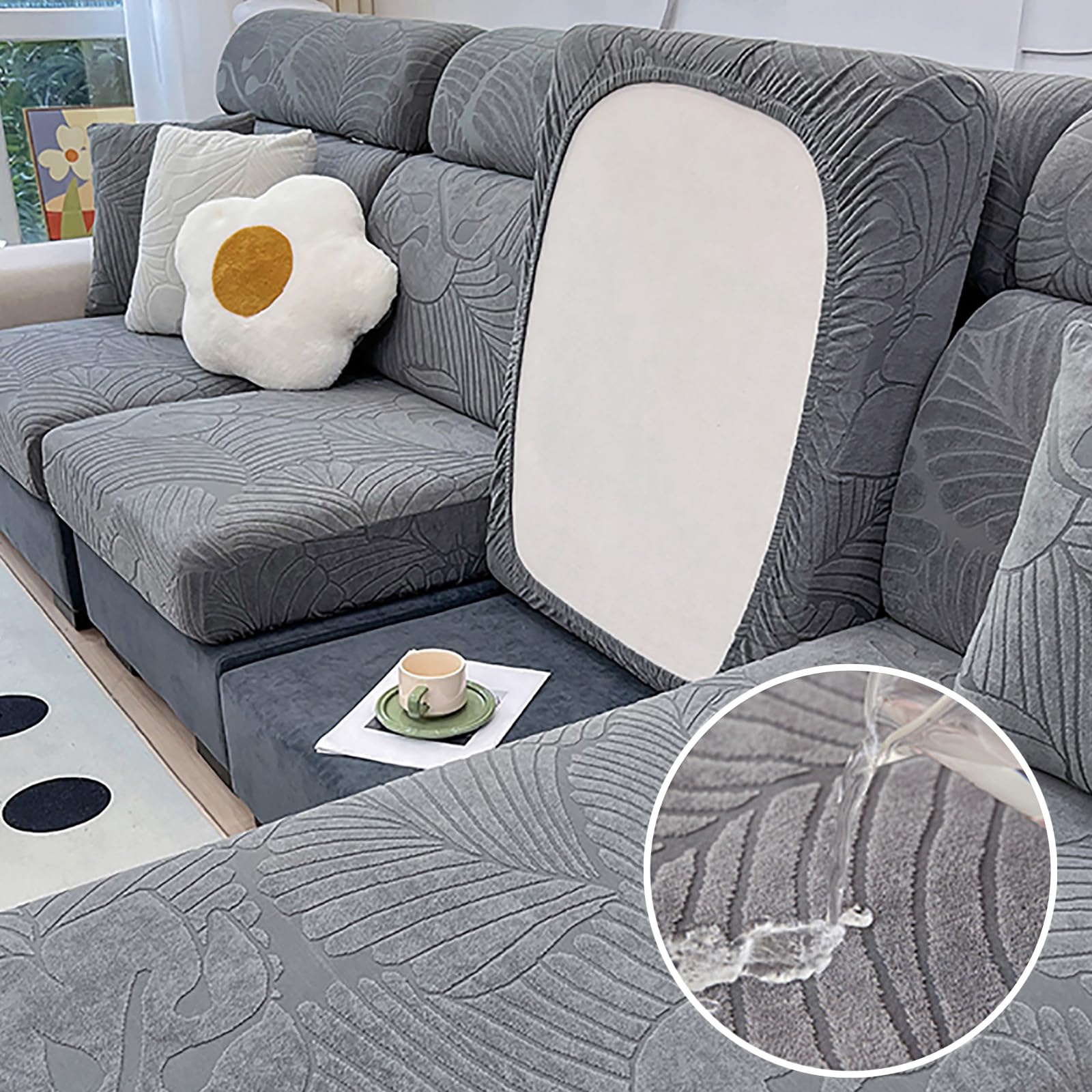 High Stretch Water-Repellent Sofa Seat Cushion Cover Soft Couch Seat Cover L Shape Sofa Covers Furniture Protector Replacement Jacquard Spandex Sofa Slipcovers (Grey-A1,Chaise Longue)