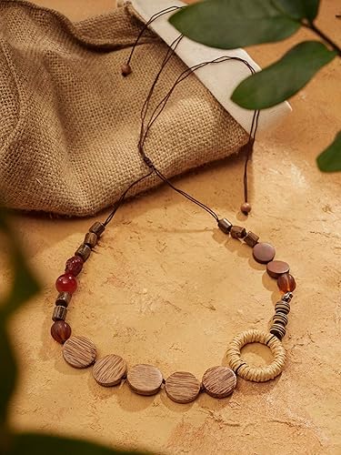 Miniatura 6 de MINACHI Handmade Braided Necklace for Women, Wooden Beads, Rattan Charm, Vintage Style, Gift Jewelry