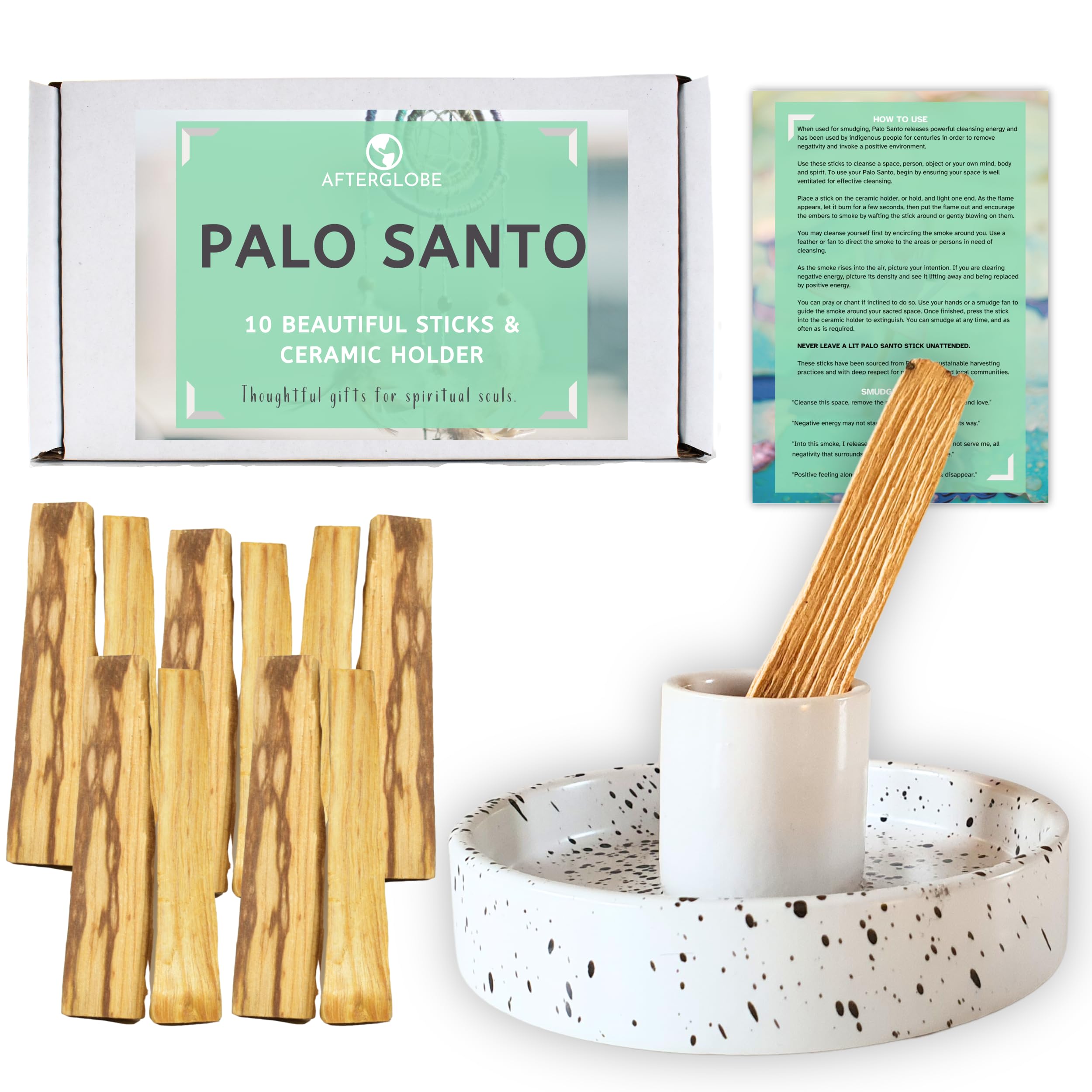 Palo Santo Smudge Sticks with Ceramic Holder from Peru - 10 Natural Incense Smudging Sticks for Stress Relief, Meditation and Yoga Holy Wood and Sustainable - Lovely New Home or Incense Gift