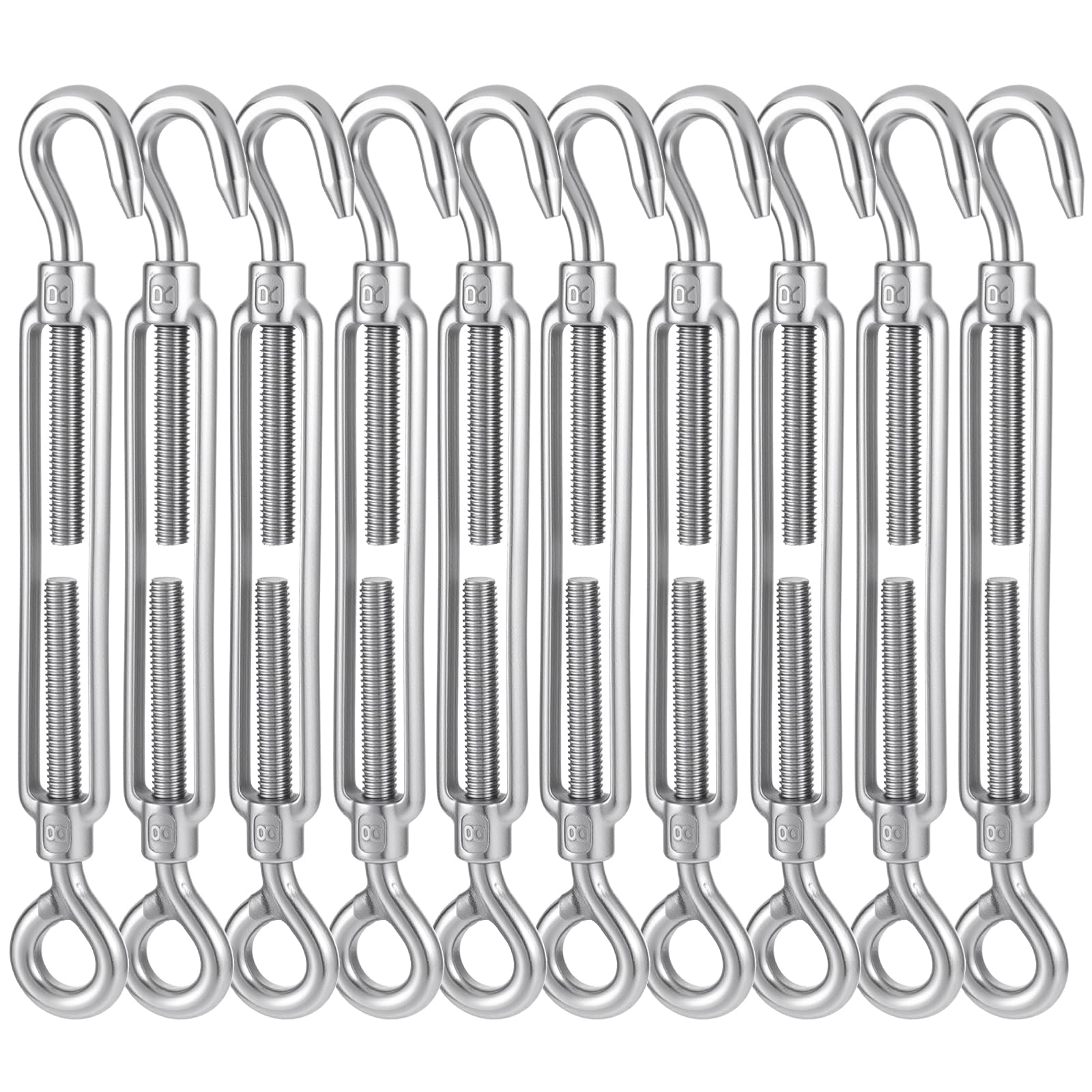 10-Pack M8 Stainless Steel Turnbuckle Hook & Eye – 440 Lb Capacity, Adjustable 7.67" To 11.22"