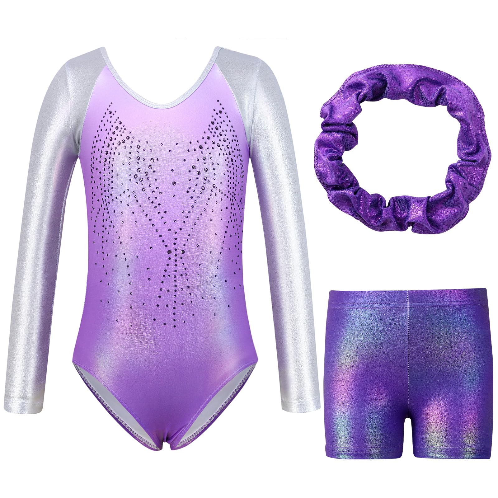 Justaucorps de gymnastique pour filles, enfants, adolescentes, avec short de culbute, manches longues scintillantes