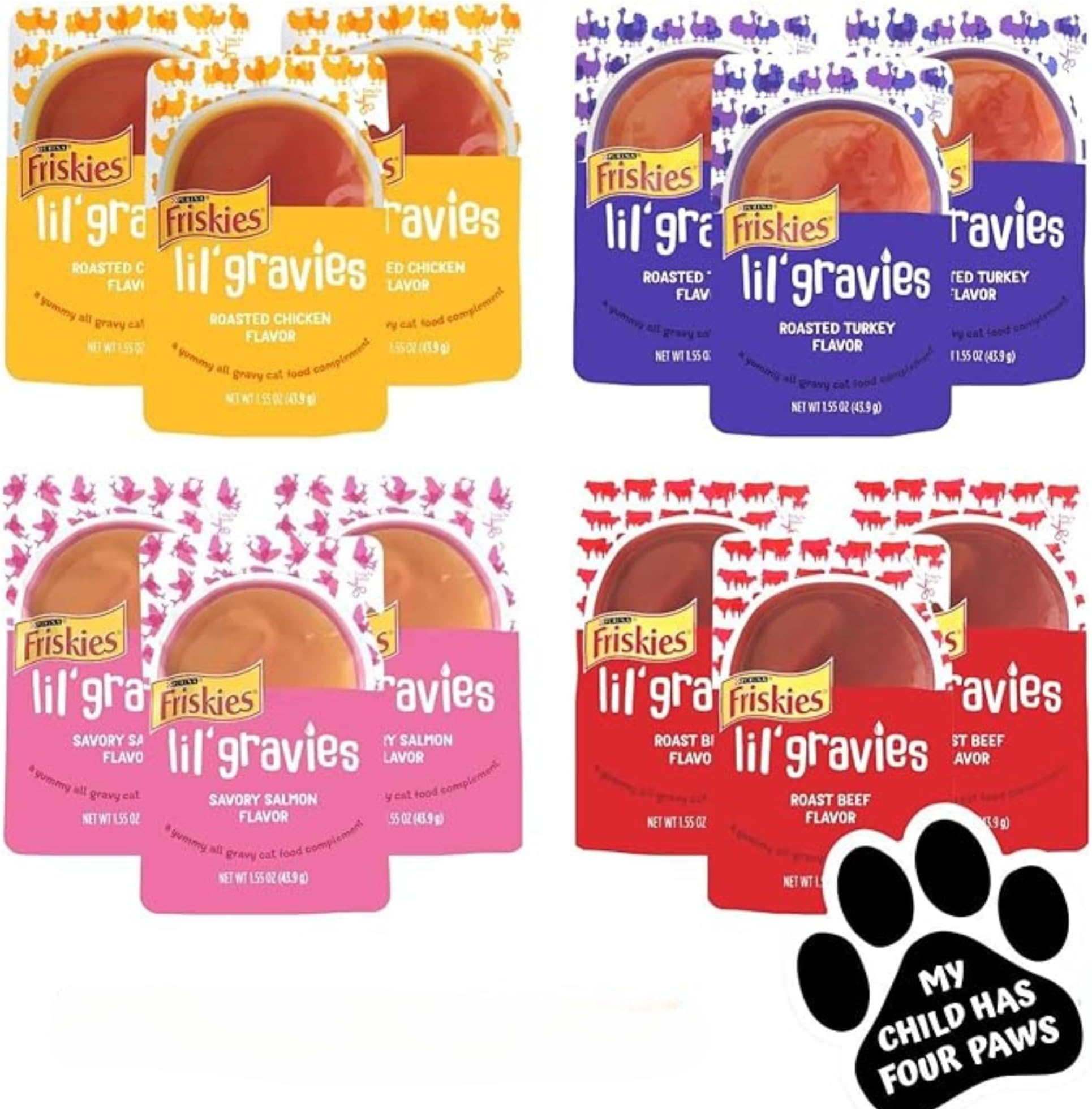 Lil' Gravies Variety Bundle | 4 Flavors of Gravy Pouches for Cats, (3) Each: Roasted Chicken, Roasted Turkey, Roast Beef, and Savory Salmon (1.55 OZ.) | Includes Paw Magnet! (2 Items)