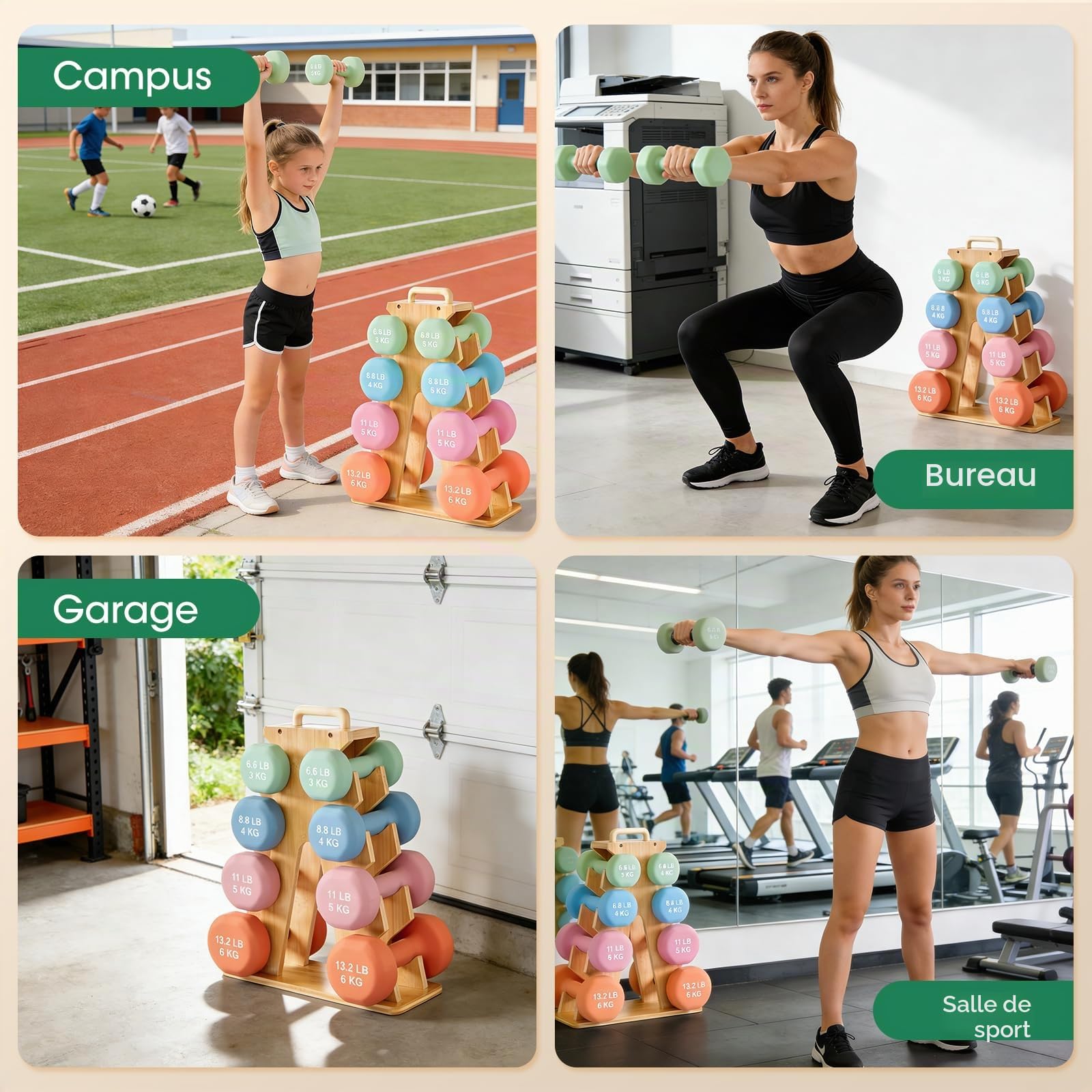 4 Niveaux Support d'Haltères, Support à Haltères, de Poids en Bois Compact Gym Stockage, Convient pour Ranger des Haltères de 3-7KG, pour le Bureau, la Salle de Sport, Salon, 35,5x14,5x46cm
