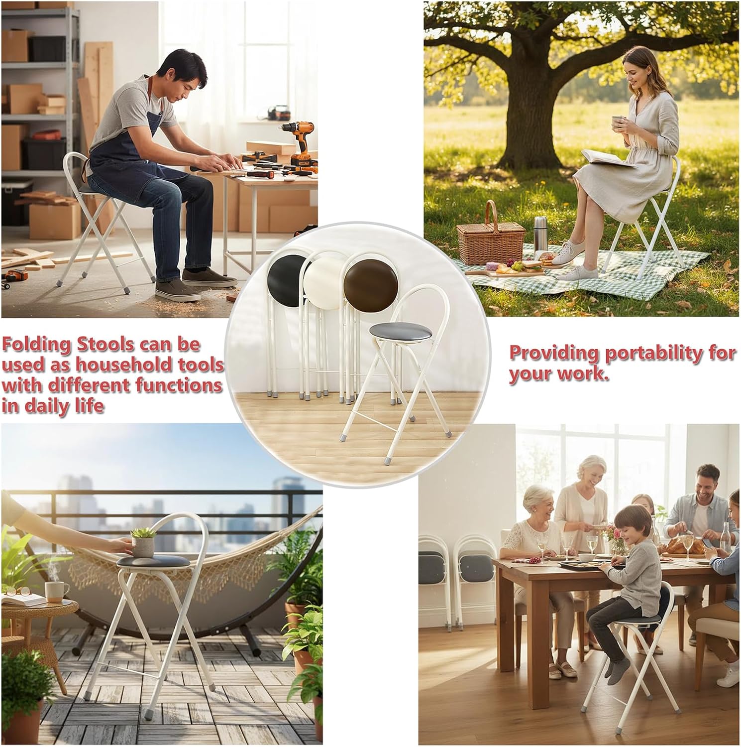 Folding Stool with back support, Folding Stools for Adults Portable, 24 inch tall Cushioned Padded Leather Barstool Chair for Kitchen Outdoor Travel Garden Camping (White, H61 x W30cm(24x12inch))