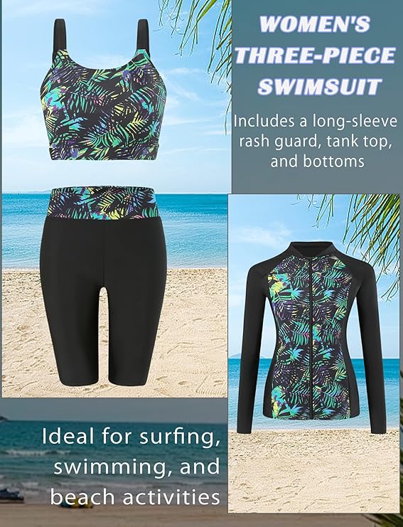 Ausing Dames Zwemkleding Set 3-Delig Zonnebescherming Badpak 3-Delig Lange Mouw Zwempak Rash Guard Set Surfen L, Zwart roze, S