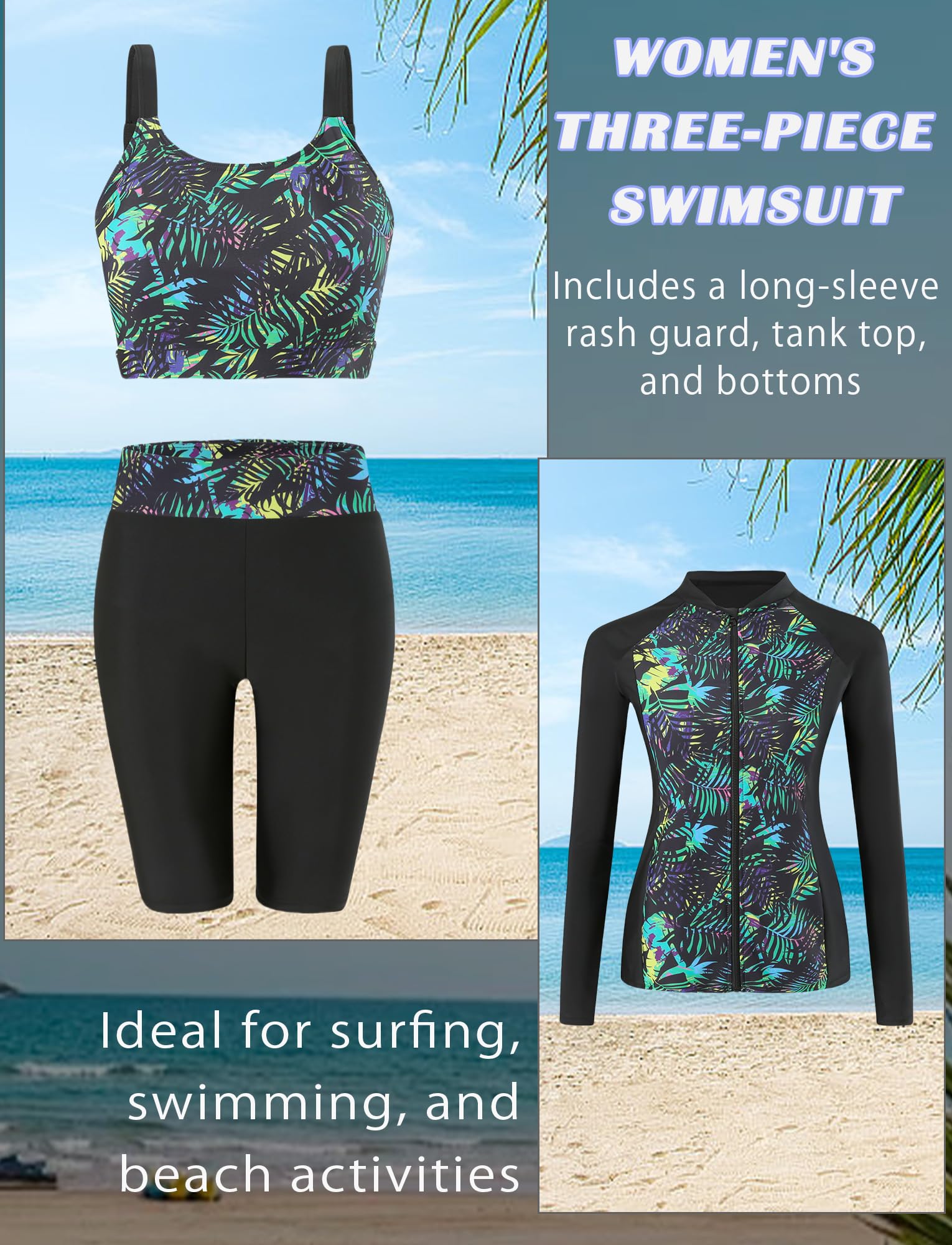 Costume da bagno da donna, 3 pezzi, a maniche lunghe, Rash Guard, protezione solare con chiusura lampo, per surf, spiaggia, S-2XL