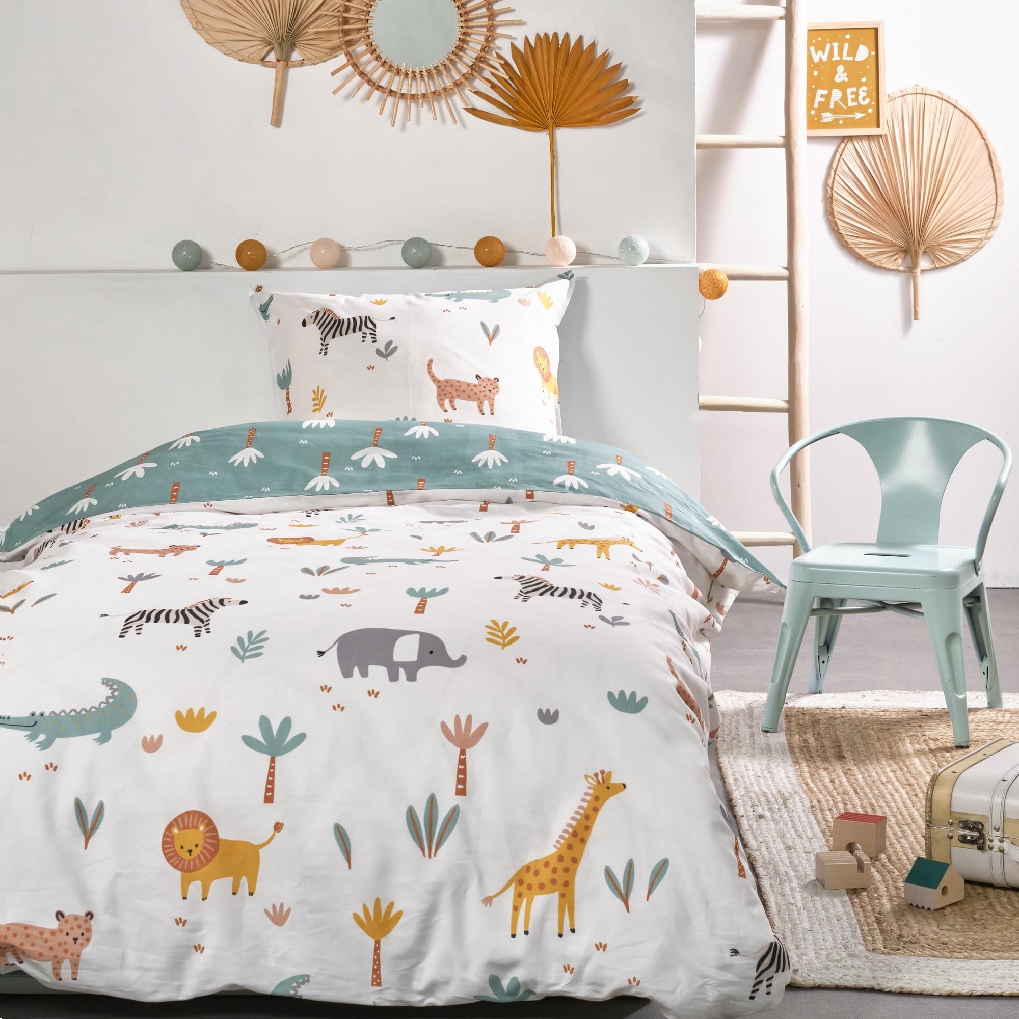 Familando Juego de ropa de cama para niños y niñas, 135 x 200 cm, 80 x 80 cm, 100% algodón, ropa de cama con cremallera en diferentes motivos (safari, 135 x 200 cm y 80 x 80 cm)