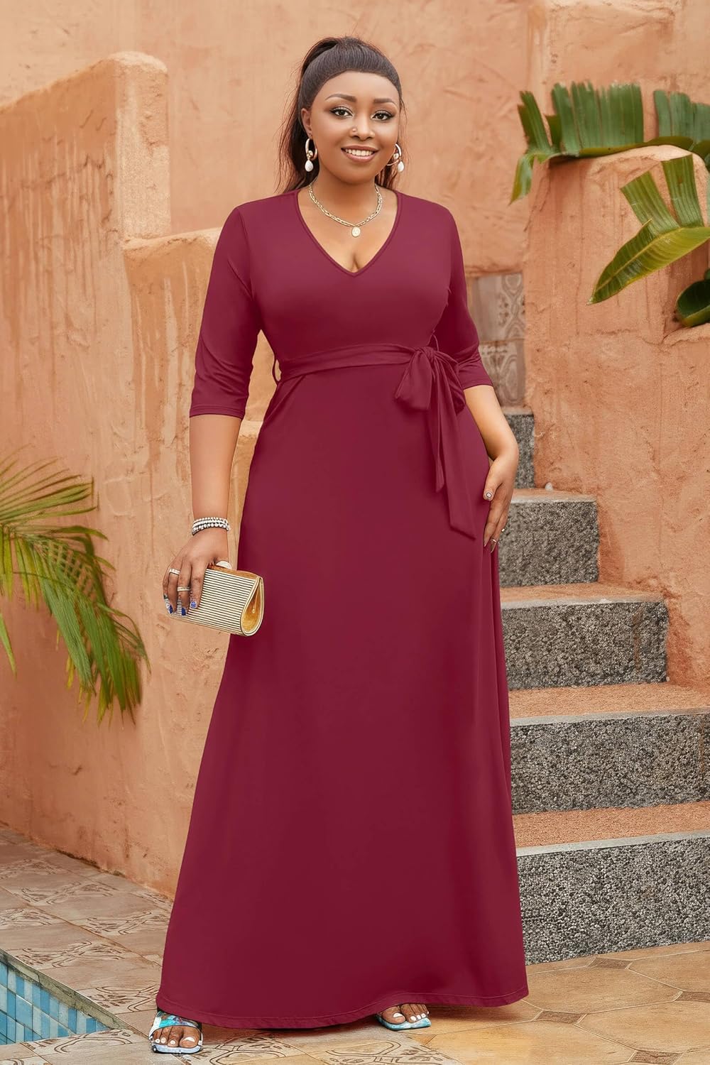 FANDEE Maxi Dress for Women, Long Casual Empire Waist Dresses 3/4 Sleeve V-Neck with Pockets - Image 2