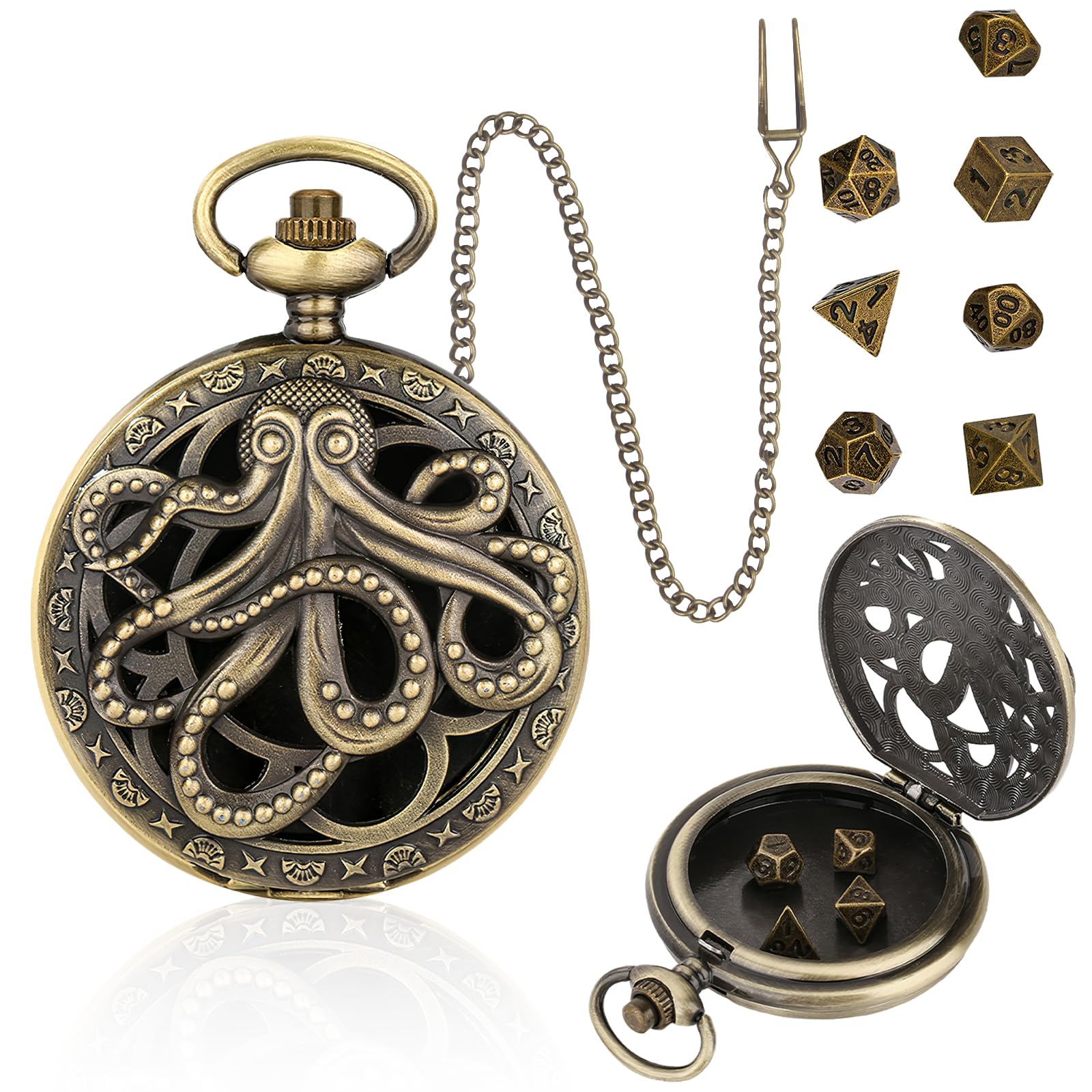 ORUZAMini DND Dice Set with Steampunk Hollow Octopus Pocket Watch Shell Case, 7 PCS Polyhedral Dice Metal D&D Dice for Dungeons and Dragons RPG MTG Role Playing Table Games Dice