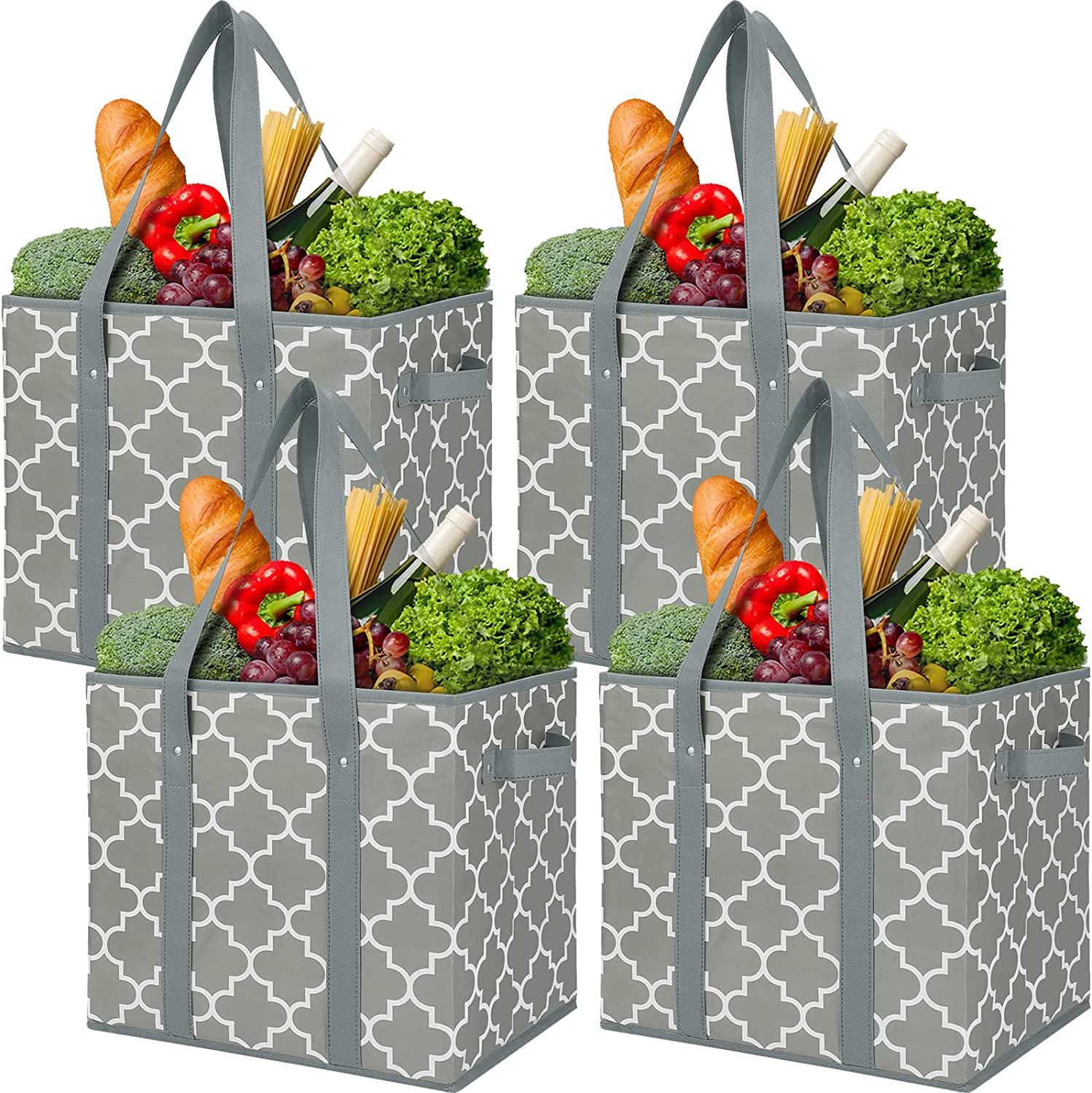 WISELIFE Reusable Grocery Bags 4-Pack Foldable Washable Storage Bins Basket Water Resistant Shopping Utility Tote Bag Grey