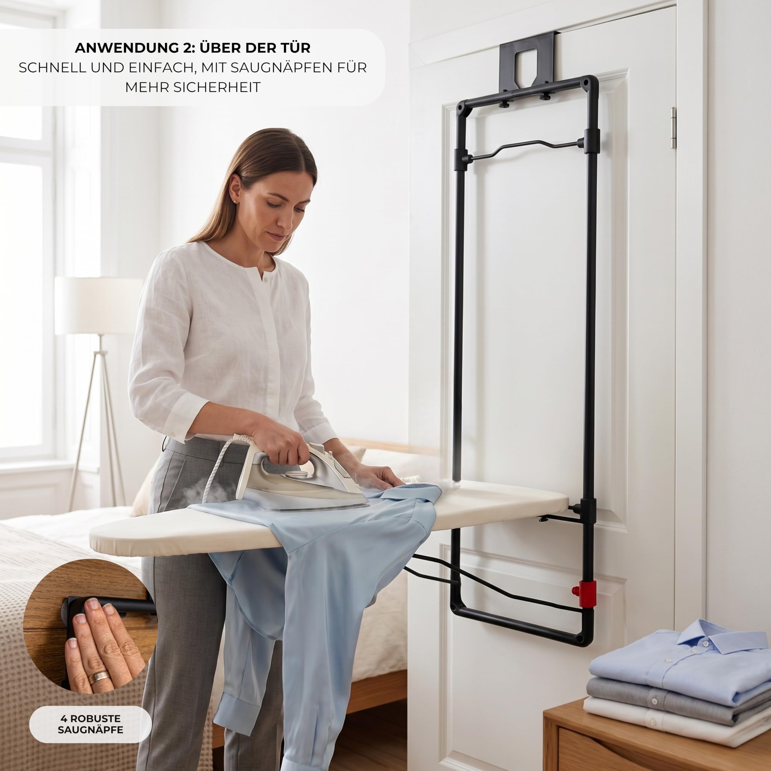 Erreke Bügelbrett klappbar für Wand oder Tür, platzsparend, Robust, Elegant | robuste Struktur mit Metallgitter. Inkl. Baumwollbezug. Ideal für Waschküche oder Schlafzimmer. Leicht zu Verstauen