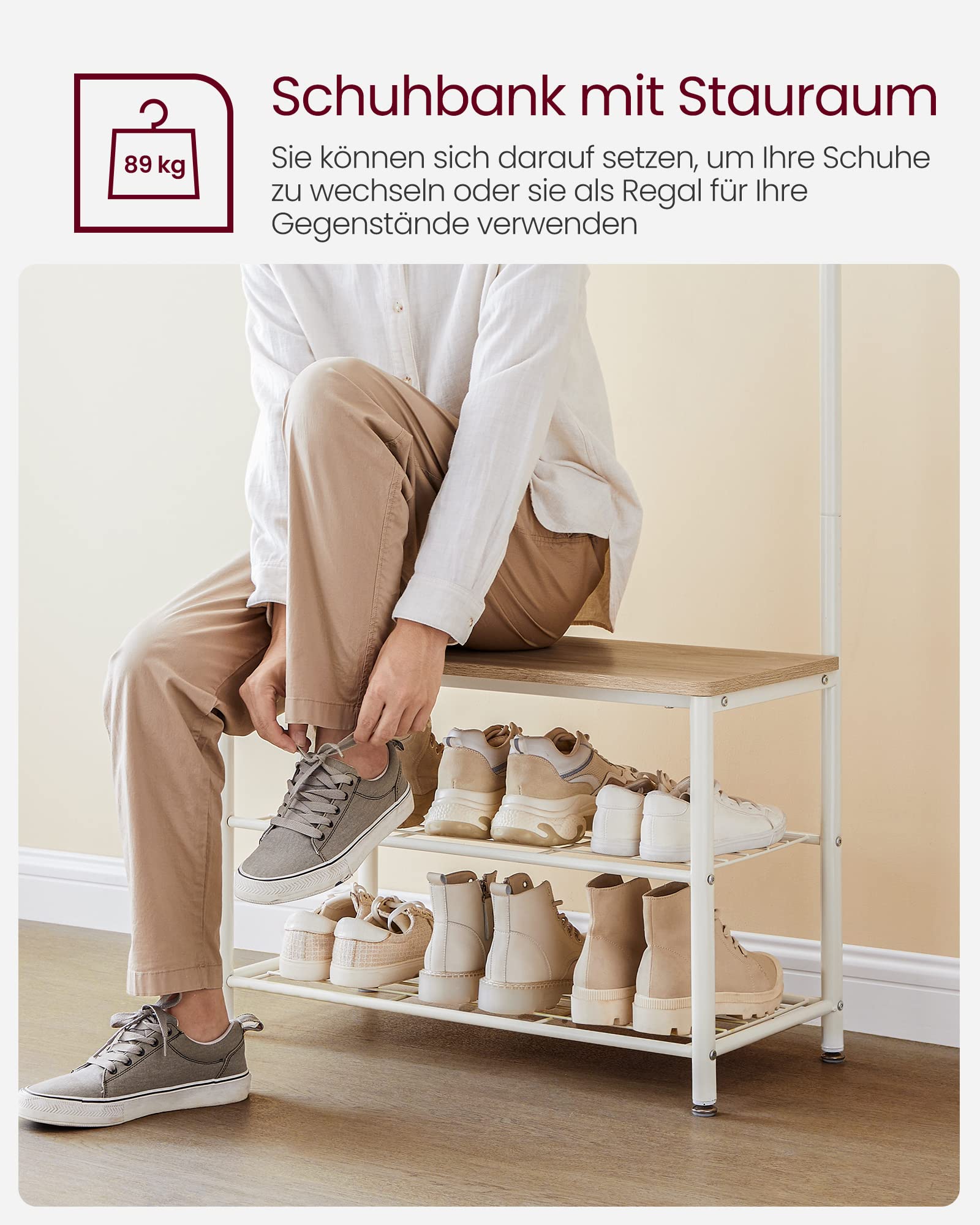 VASAGLE Garderobenständer, Kleiderständer mit Schuhablagen, Schuhregal mit Sitzfläche, für Flur, mit Haken, 3 Ablagen, aus Metall, Höhe 177 cm, modern, eichenfarben-weiß HSR041W09
