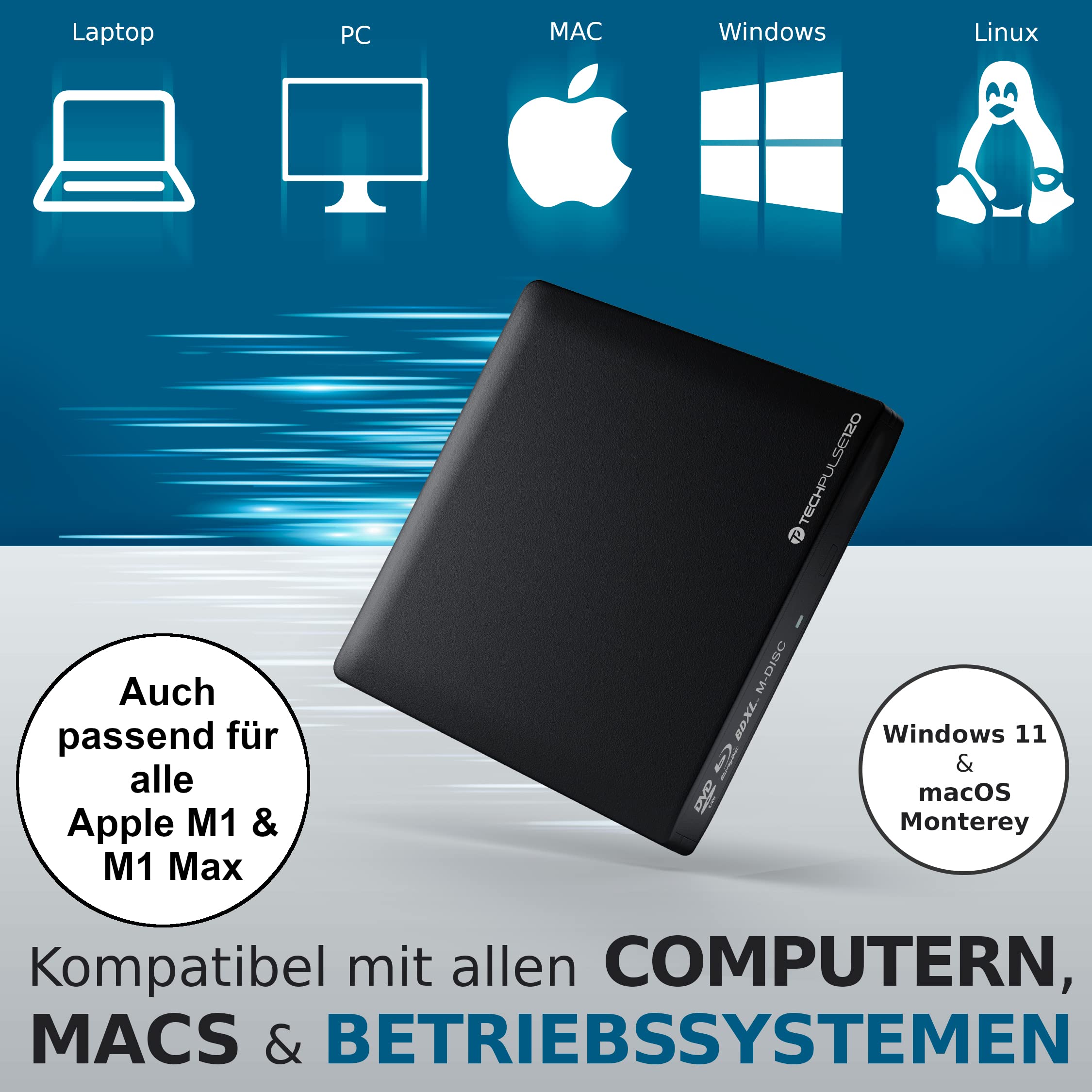 techPulse120 USB 3.0 3D Externer Blu-Ray Brenner Burner M-Disc BDXL Superdrive Blueray Rom Laufwerk BD DVD CD Slim für Computer Notebook Ultrabook Windows MacOS Apple iMac MacBook Pro Air Alu Schwarz
