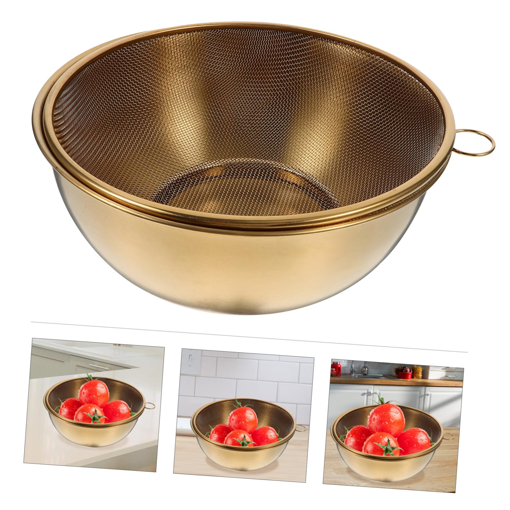 Colador de Acero Inoxidable Dorado 22cm, Juego de 2 Piezas | Cuenco para Escurrir, Malla para Arroz y Fruta, Uso Diario y Camping, Almacenamiento Práctico