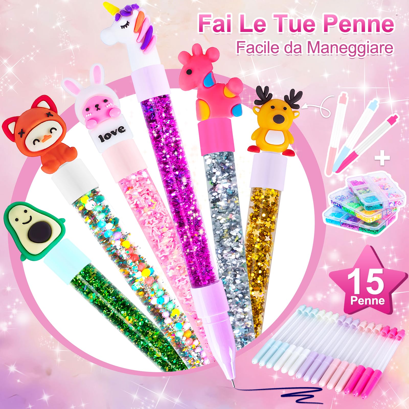 Kazzley Kit Creativo per Creare Penne Carine, Lavoretti Creativi per Bambini idee Regalo per Bambina 6 7 8 9 10 Anni, Set di Penne di Cancelleria per Bambini, Giochi Bambina 5-12 Anni