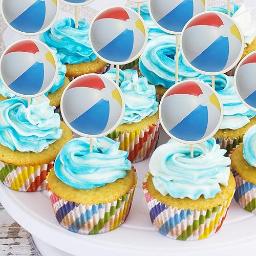 Miniatura 5 de Gyufise Paquete de 36 adornos para cupcakes de voleibol de playa, pelota deportiva de estrellas, para baby shower, voleibol de playa, jugadores