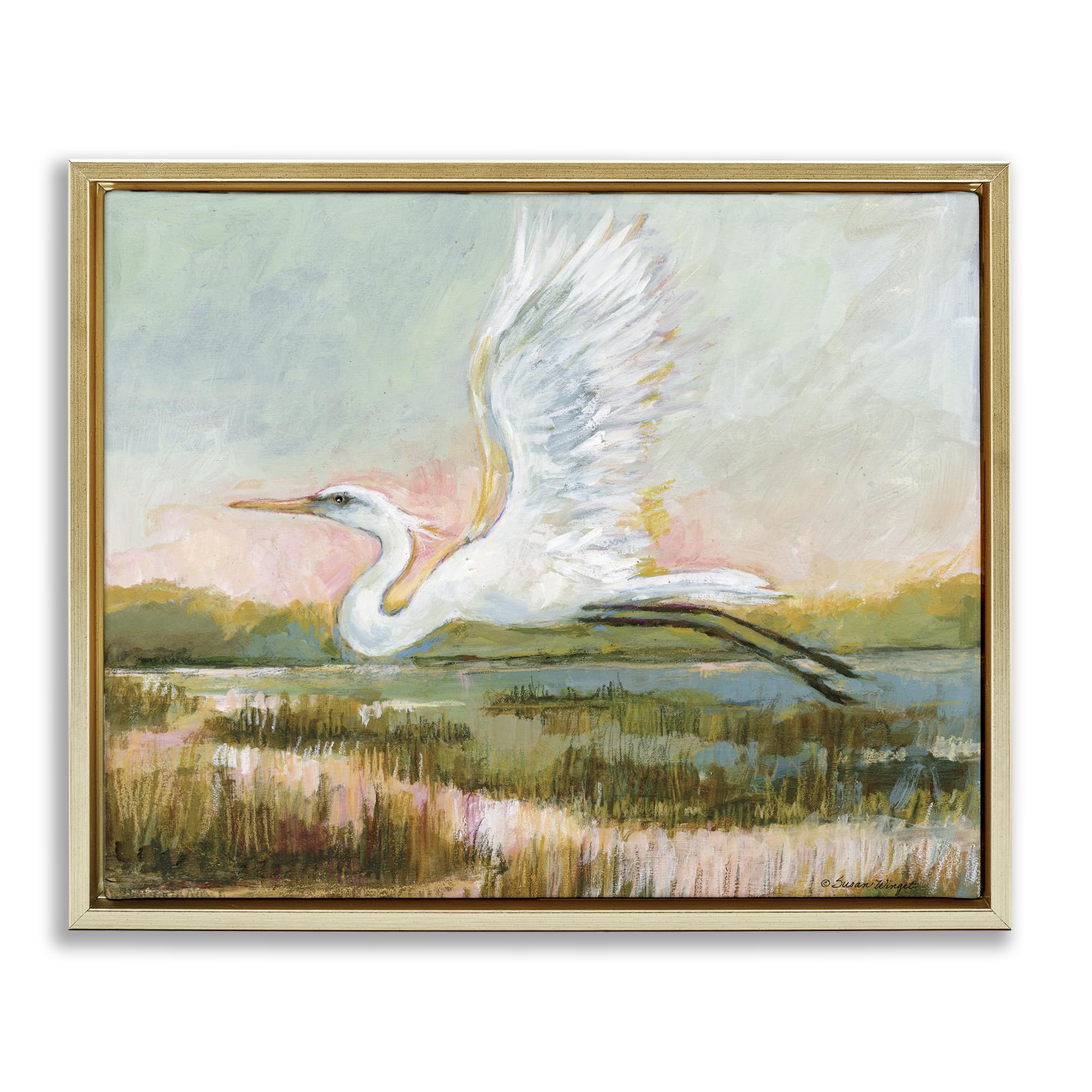 Stupell Industries Metallic Gold (Matte) 'White Heron Flying', Floating Frame Canvas Art, Gold, 21 X 17 Inches, Easy To Hang And Sturdy, Made In Usa, By Susan Winget