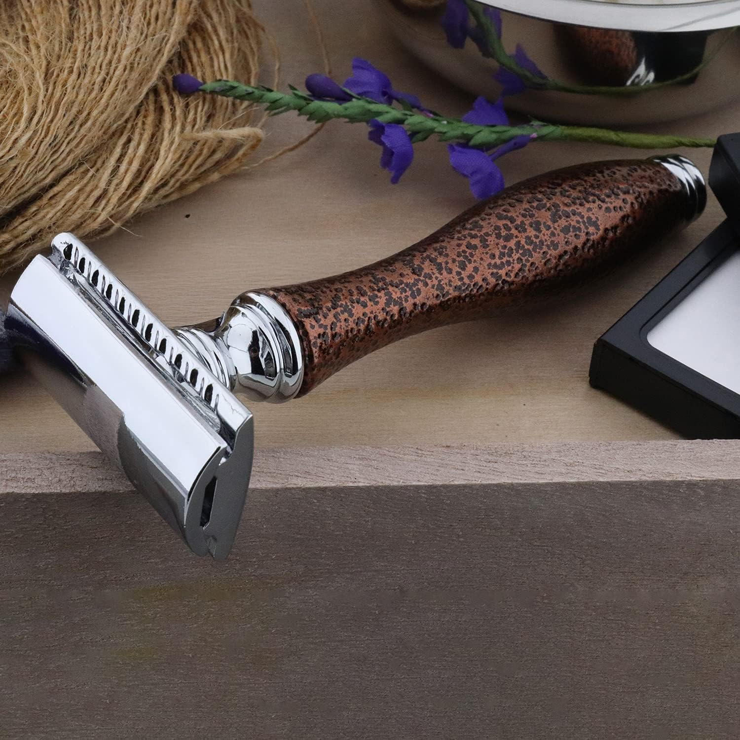 Complete Old School Shaving Set >Pure Black Badger Brush, DE Safety (Blades Not Included), Engraved Bowl & Soap