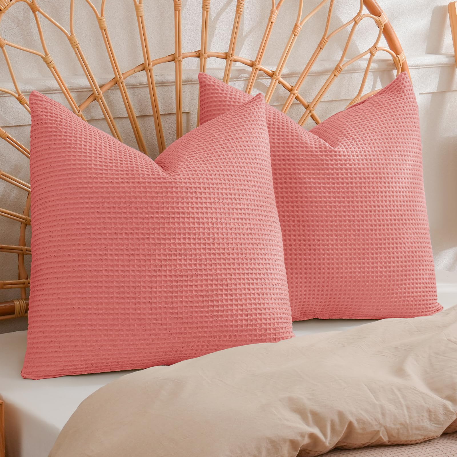 PHF 100% Cotton Waffle Weave Euro Shams 26" x 26", No Filling, 2 Pack Elegant Home Decorative Euro Throw Pillow Covers for Bed Couch Sofa, Coral