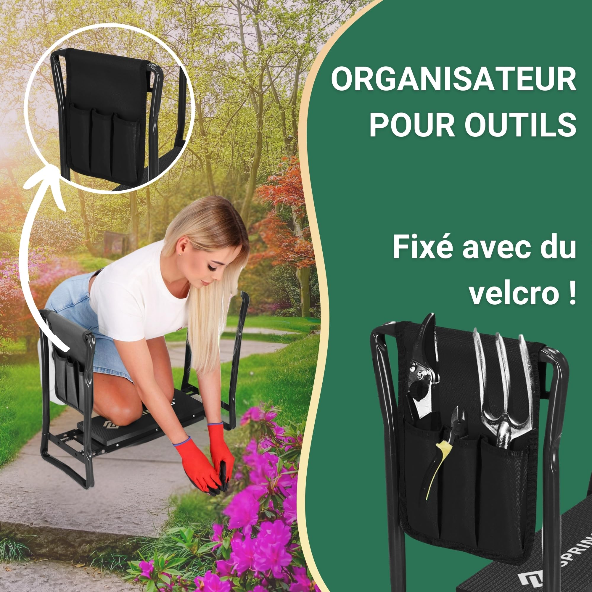 SPRINGOS Tabouret de jardin pliable 3 en 1 - Repose-genoux et tabouret avec sac à outils - Support ergonomique pour le jardinage - Stable et résistant aux intempéries - Noir