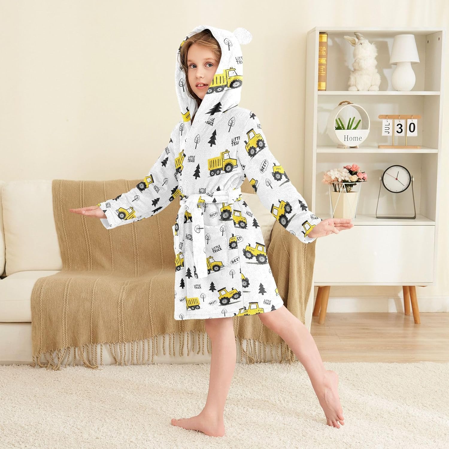 Cute Truck Cartoon Pattern Toddler Hooded Bathrobe for Boys Girls Soft Plush Bath Towel Robe 2-12 Years
