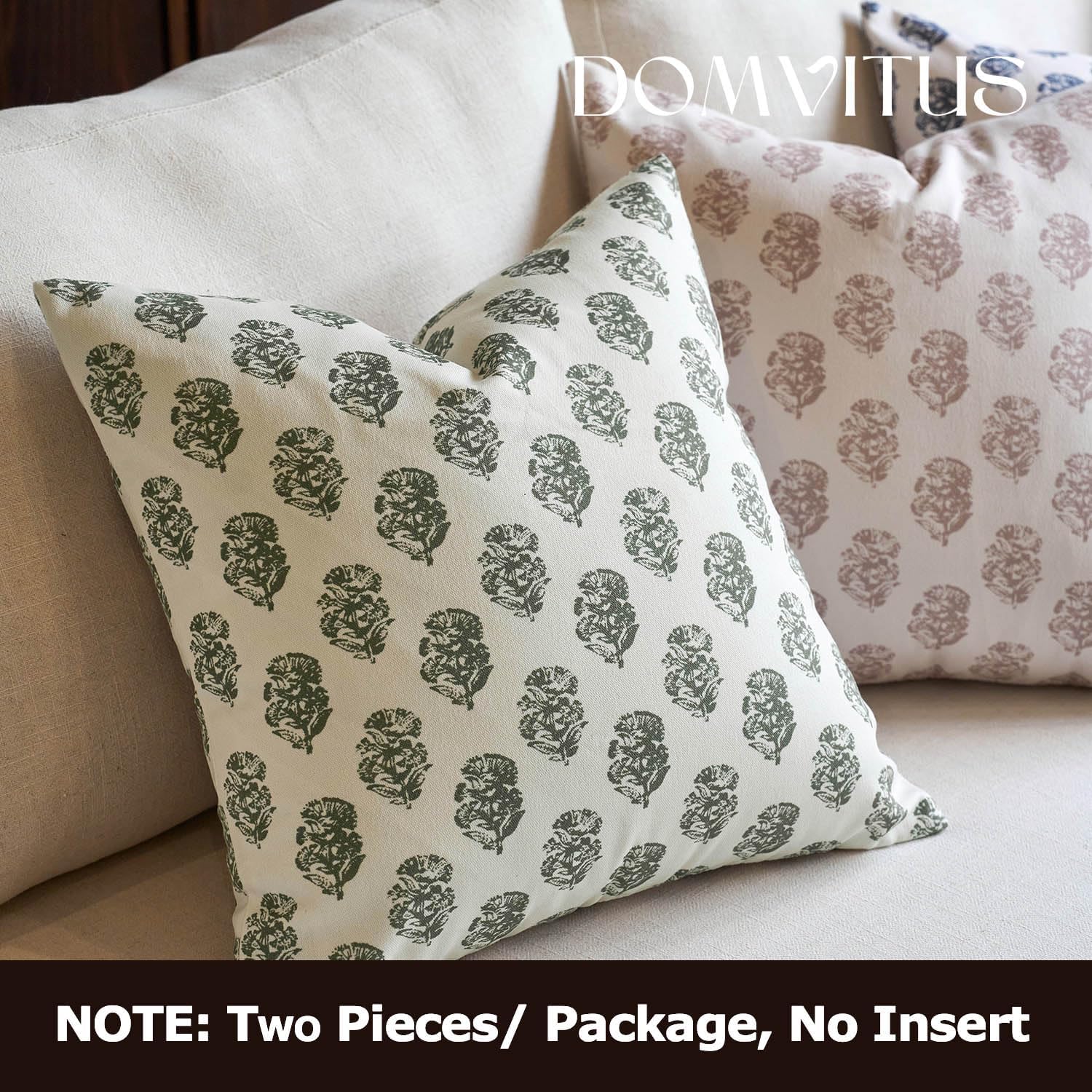 DOMVITUS Set of 2 Floral Pillow Covers 18x18, Block Print Pillow Covers Vintage Neutral Decorative Farmhouse Throw Pillow Covers for Couch Bed Living Room Dusty Green - Image 4