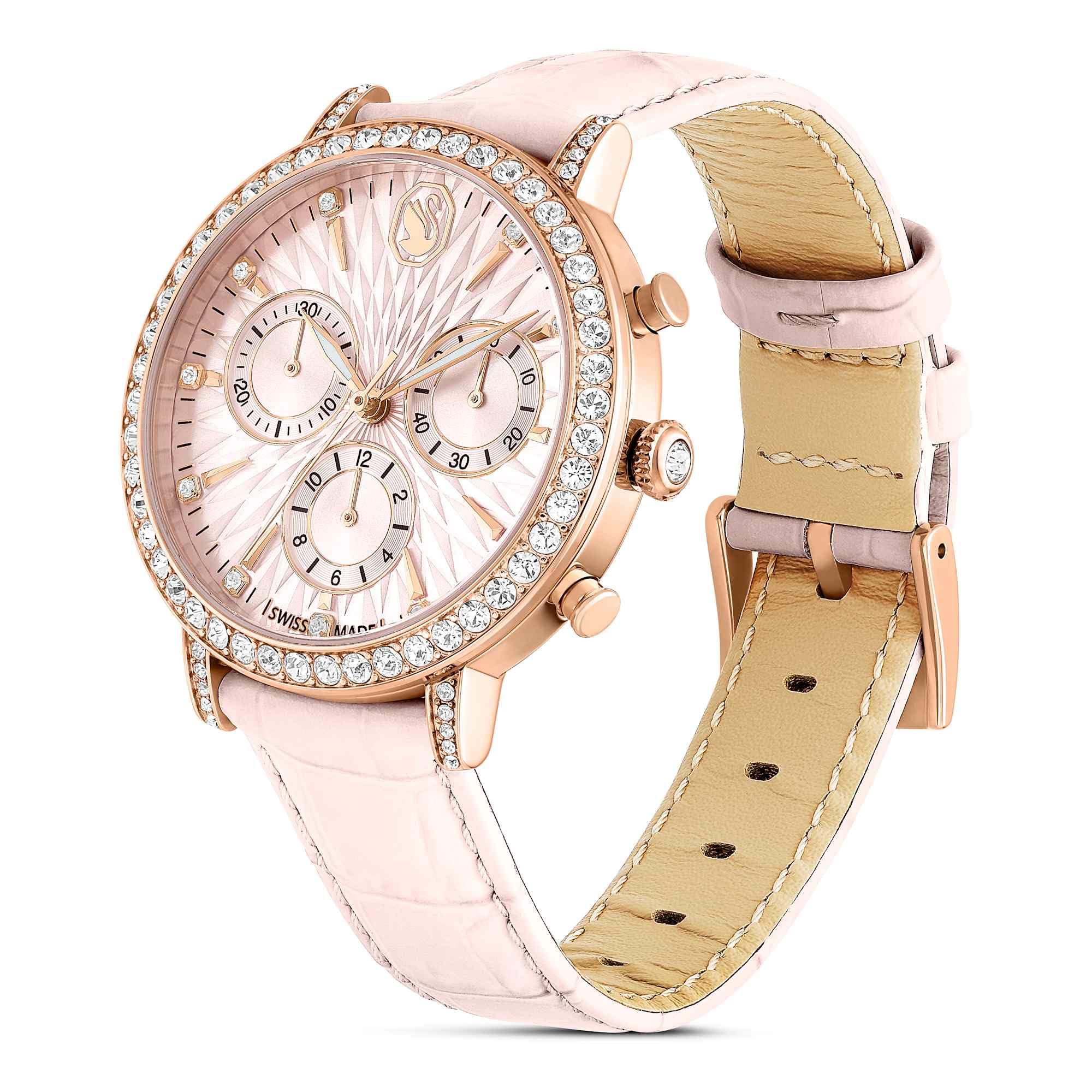 Swarovski Matrix Colección Reloj cronógrafo, Swiss Made, Correa de Piel, Acabado Tono Oro Rosa