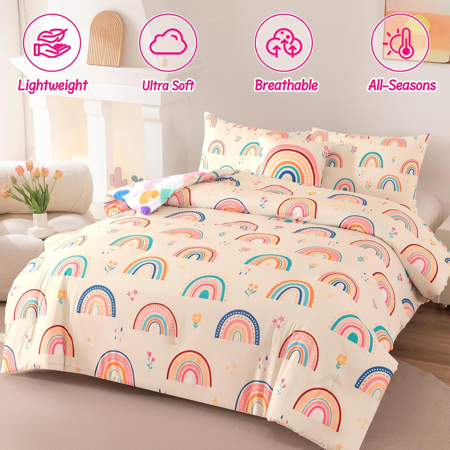 Rainbow Girls Bedding Set Full Size, Love Hearts Rainbow Comforter Set Full Bedding Sets for Girls Kids
