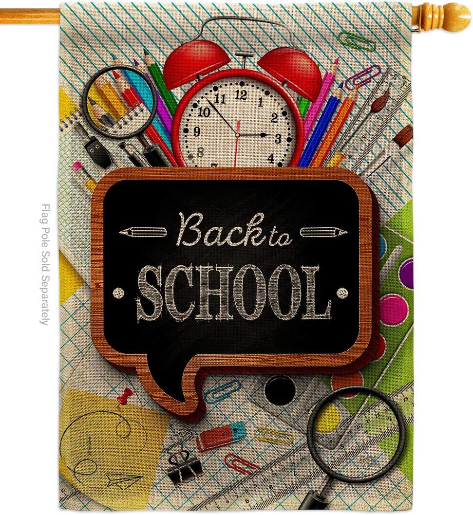 Breeze Decor School Time Burlap House Flag Education Back to First Day Bus Supplies Teacher Students Class Decoration Banner Small Garden Yard Gift Double-Sided, Made in USA
