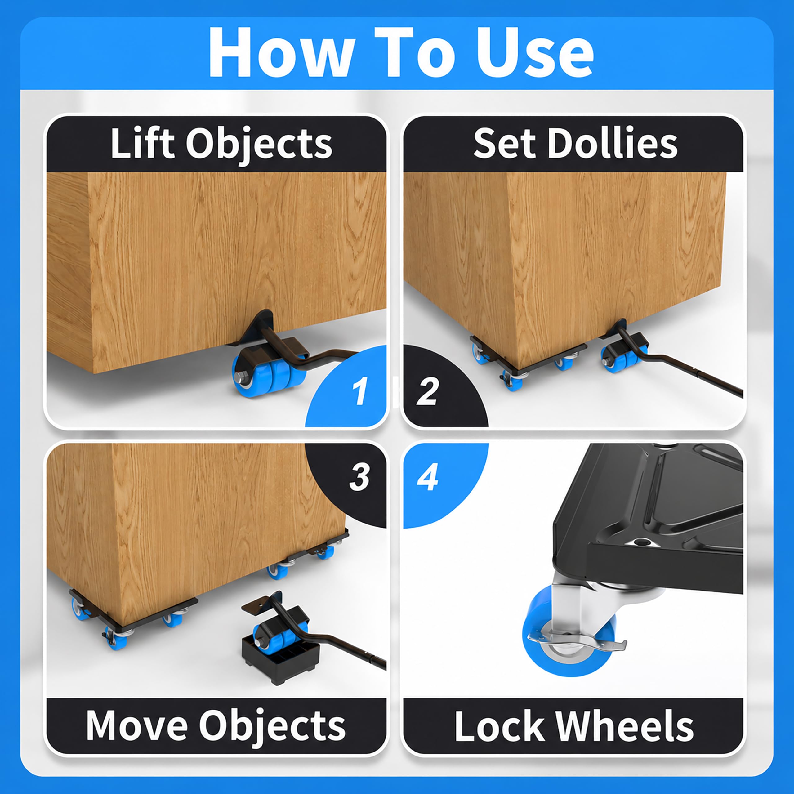 Carrello per mobili resistente, girevole a 360°, 5 ruote blu, in lega di acciaio, capacità di carico fino a 1700 kg, con metro a nastro e livellatore (17,5 x 16,5 cm)