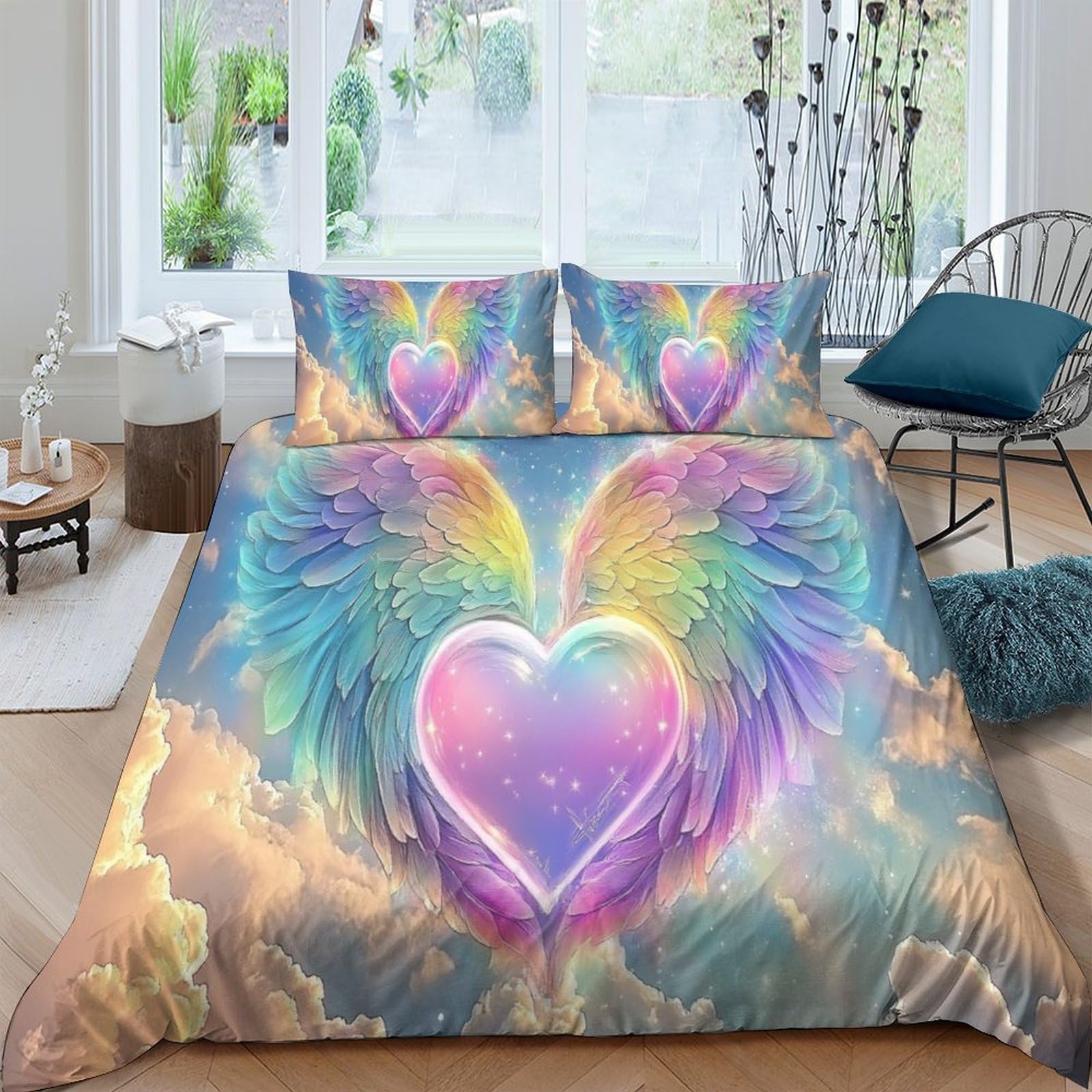 GPLZQXKJNH 3D Printed Rainbow Heart Wings Duvet Cover Microfiber Soft Breathable Bedding Set with 2 Pillowcases for Bedroom Decor Single（135x200cm）