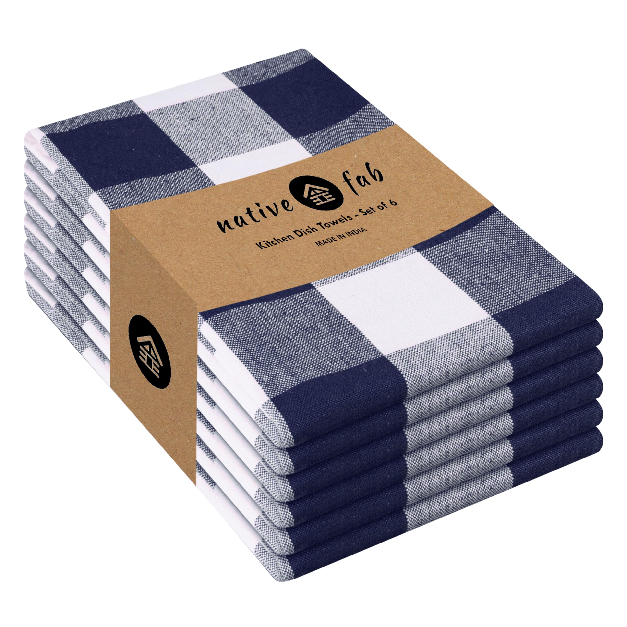 Native Fab6-Pack Kitchen Towel with Hanging Loop 16x26 inches, Cotton Buffalo Check Kitchen Towels for Cleaning Drying, Washcloths Soft & Absorbent Cloth Rags, Bar Towel, Dish Cloth, Blue