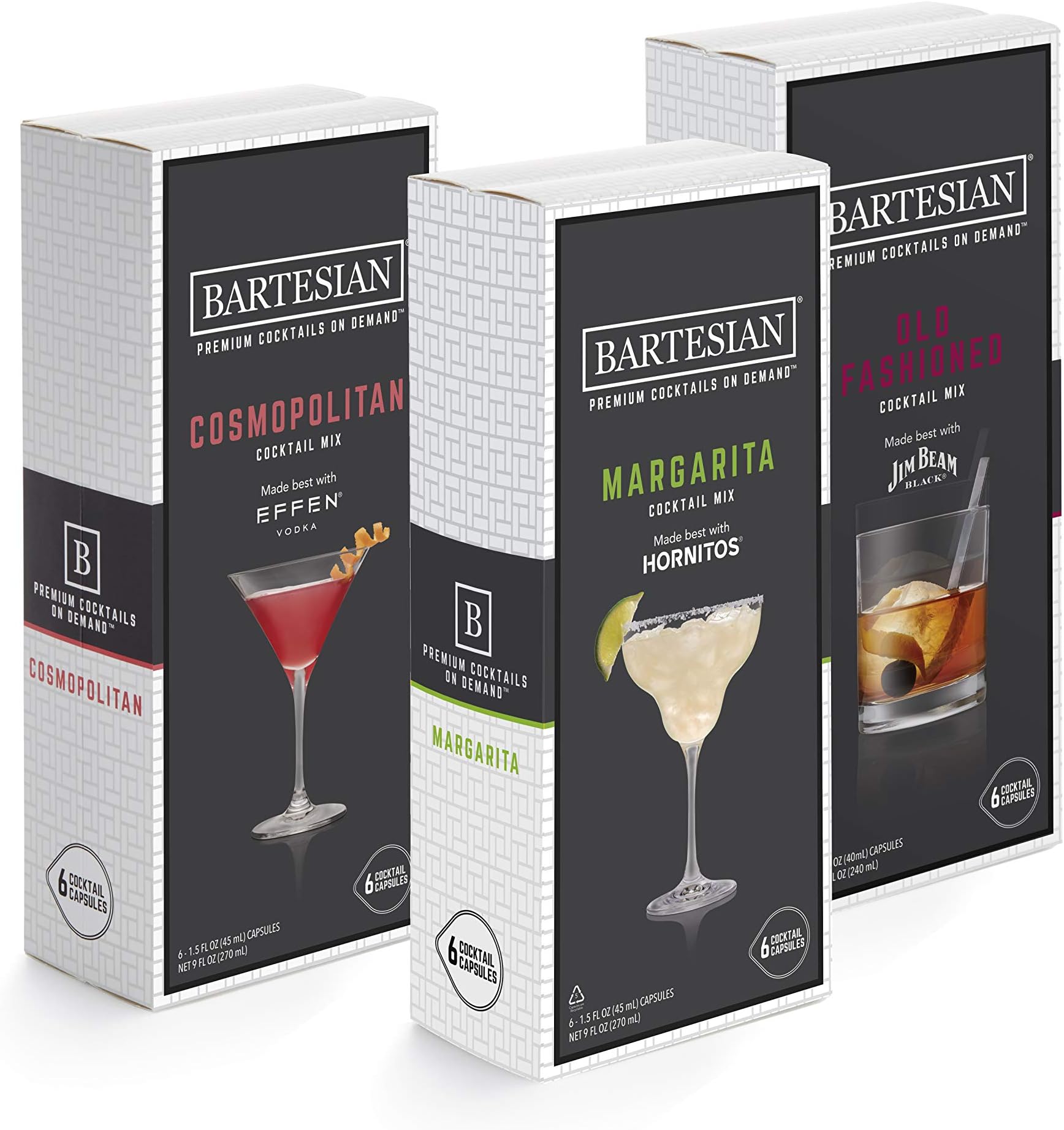 Cosmopolitan, Margarita, and Old Fashioned Cocktail Mixer Capsules, Pack of 18 Cocktail Capsules, for Bartesian Premium Cocktail Maker (55405)