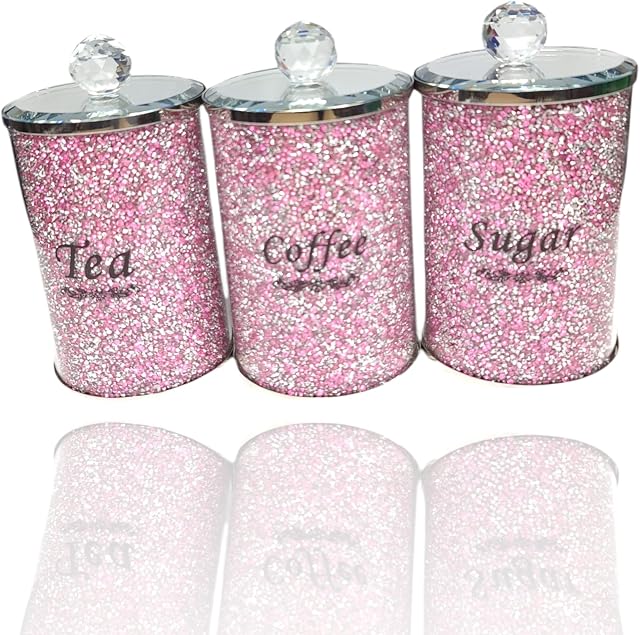 ProTech Crystal Diamante Tea, Coffee and Sugar Jar, Storage Canisters, Trimmings Crystal Filled Jars, Unique Collection, Crushed Diamond Kitchen Accessories, Sparkle Ornaments, Glass Container Pink