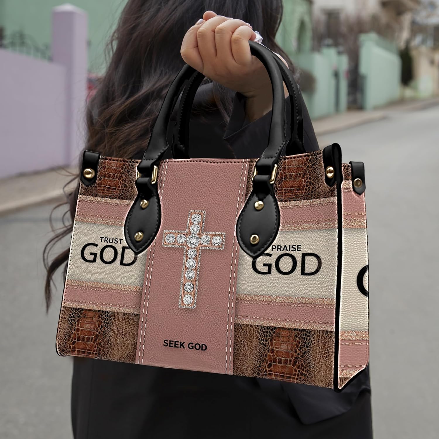 Christian Leather Handbag, Custom Faith with Cross Religious PU Leather Purse Gift for Women, Mom, Sister | PU Leather, Strap Adjustable