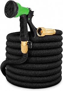 25 FT Expandable Garden Hose, Black | Lightweight, Anti-Kink Flexible, 8-Function Spray Nozzle, 3/4" Brass Connectors